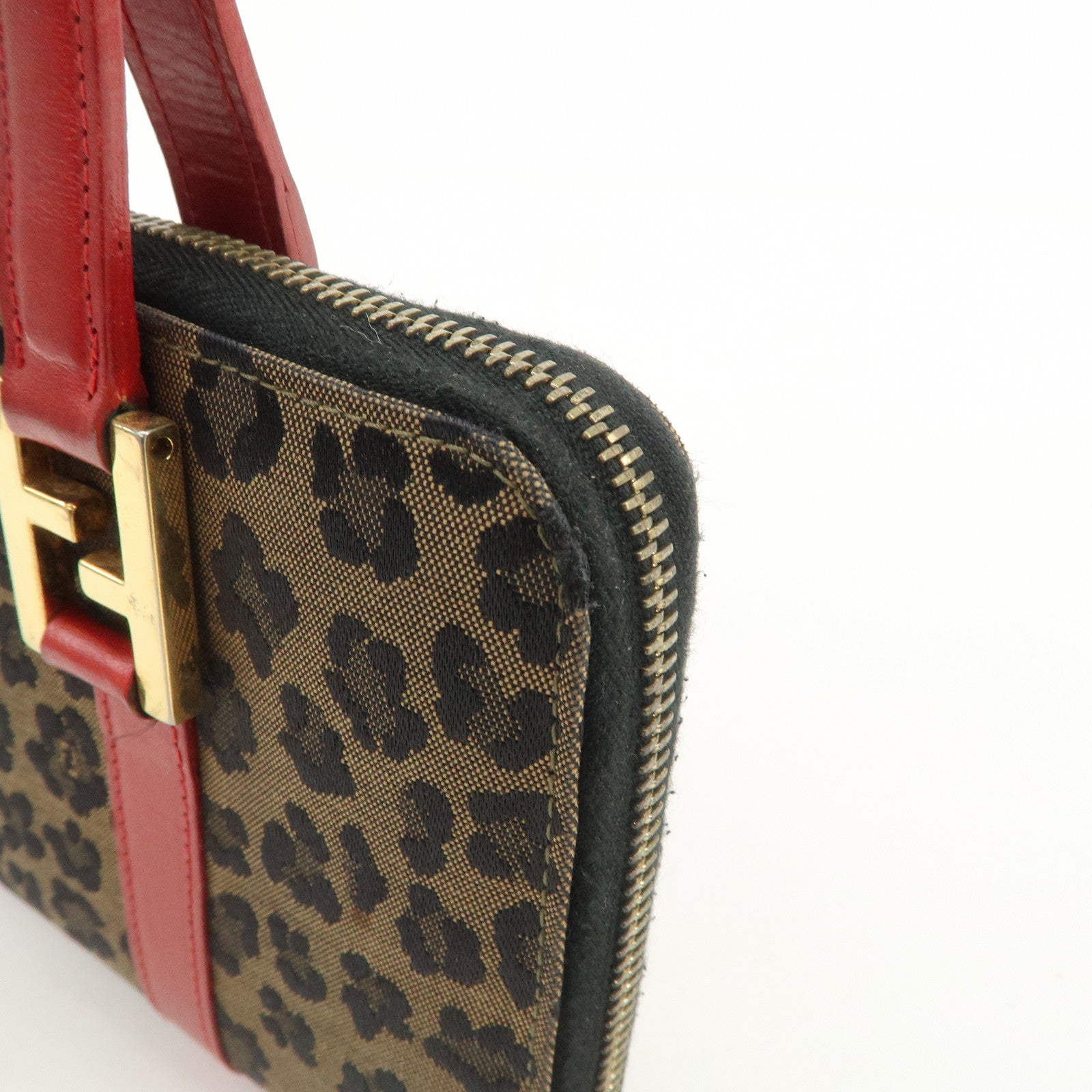 FENDI Logo Canvas Leather Hand Bag Leopard Red 26347