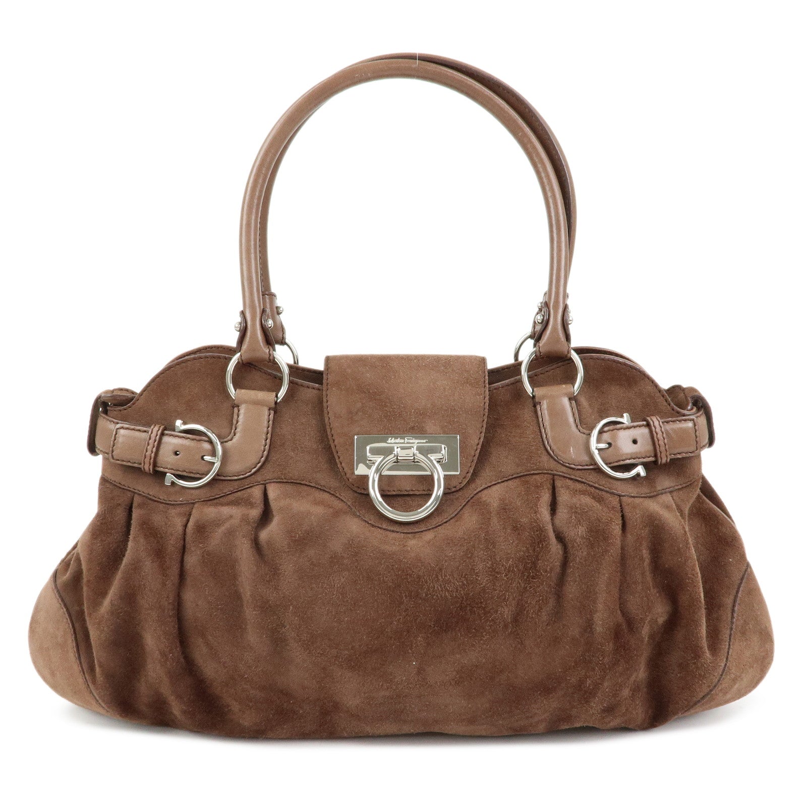 Ferragamo Gancini Suede Leather Shoulder Bag Hand Bag Brown