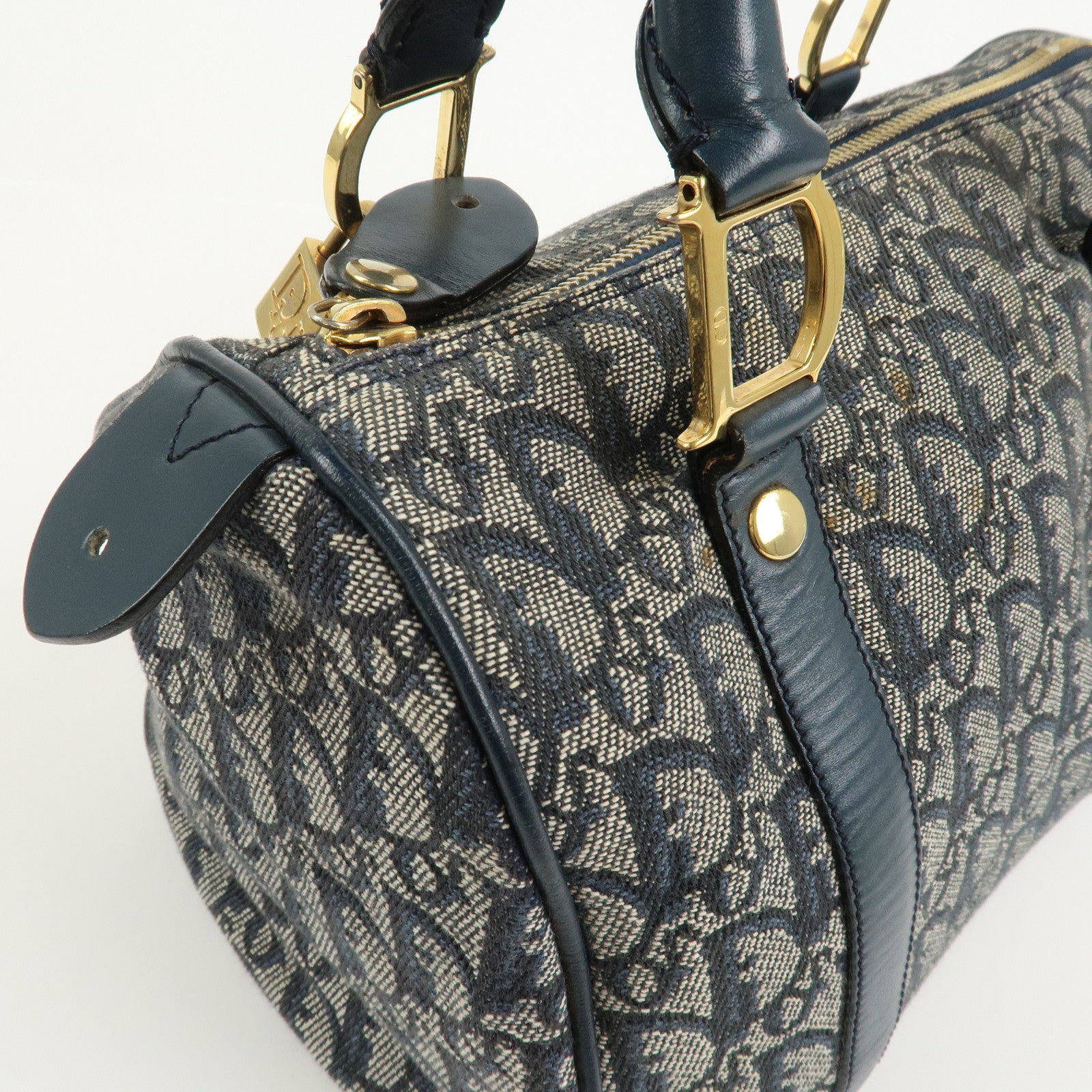 Christian Dior Oblique Canvas Leather Boston Bag Hand Bag Navy