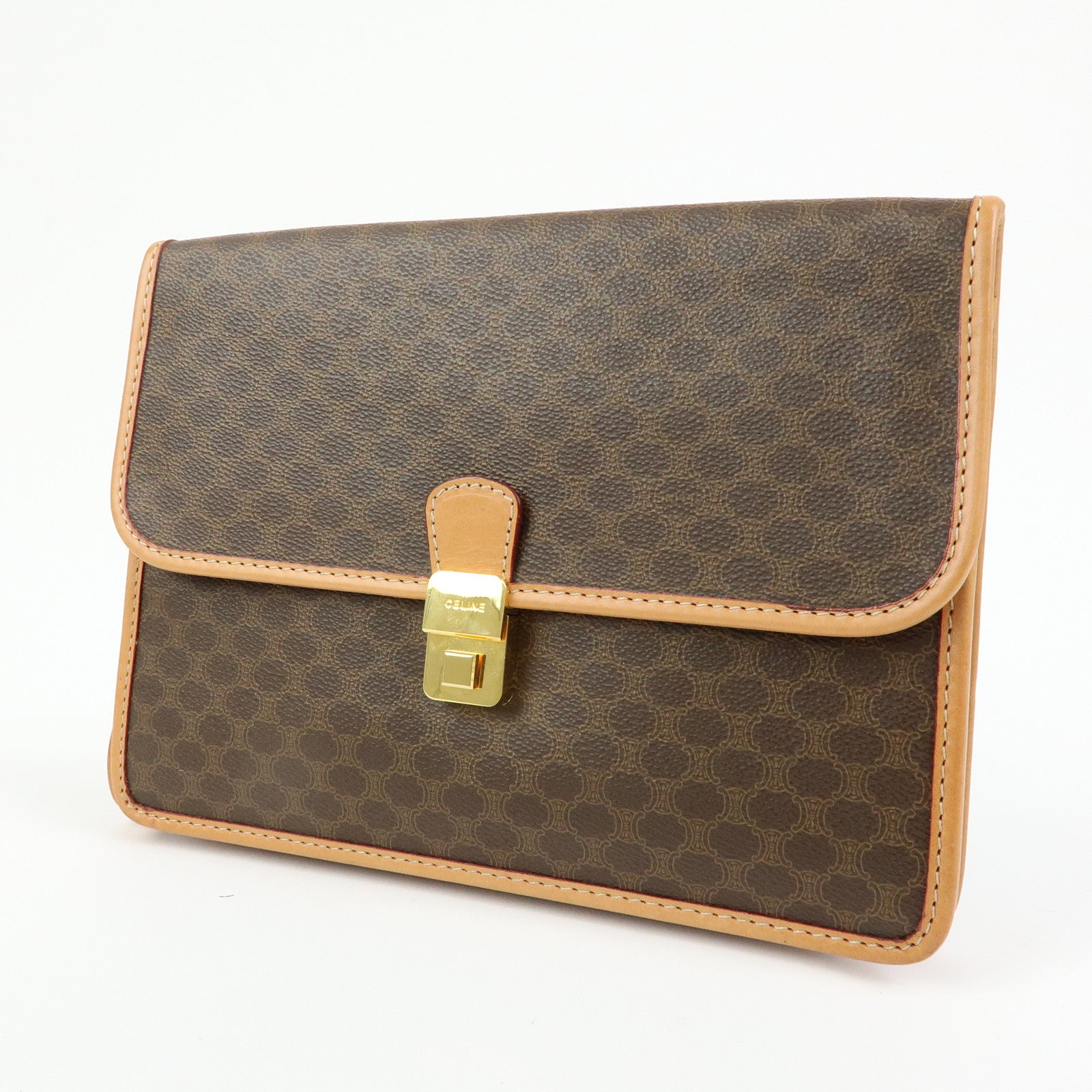 CELINE Logo Macadam PVC Leather Clutch Bag Flat Pouch Brown