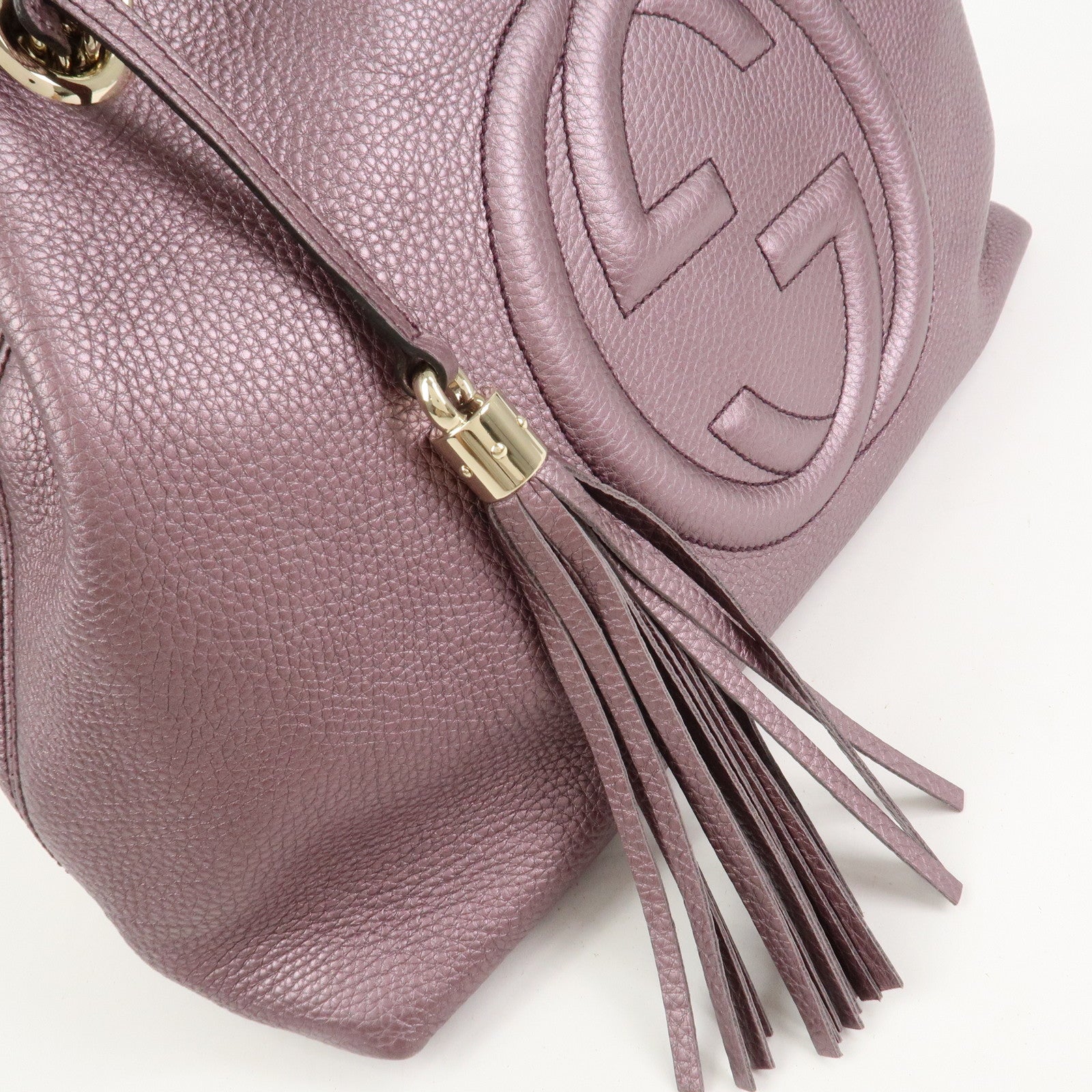GUCCI SOHO Logo Leather Chain Shoulder Bag Metallic Purple 308982