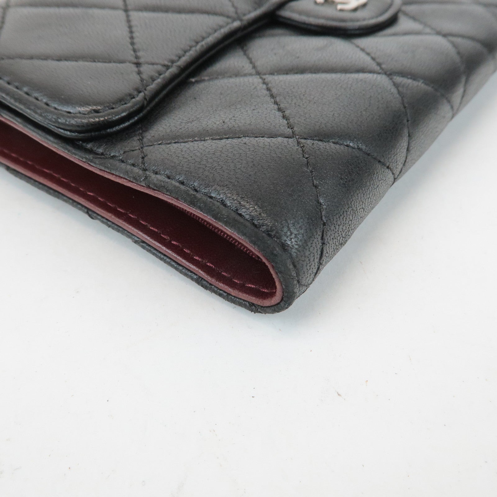 CHANEL Matelasse Lamb Skin Tri-Fold Long Wallet Black A31506 Used