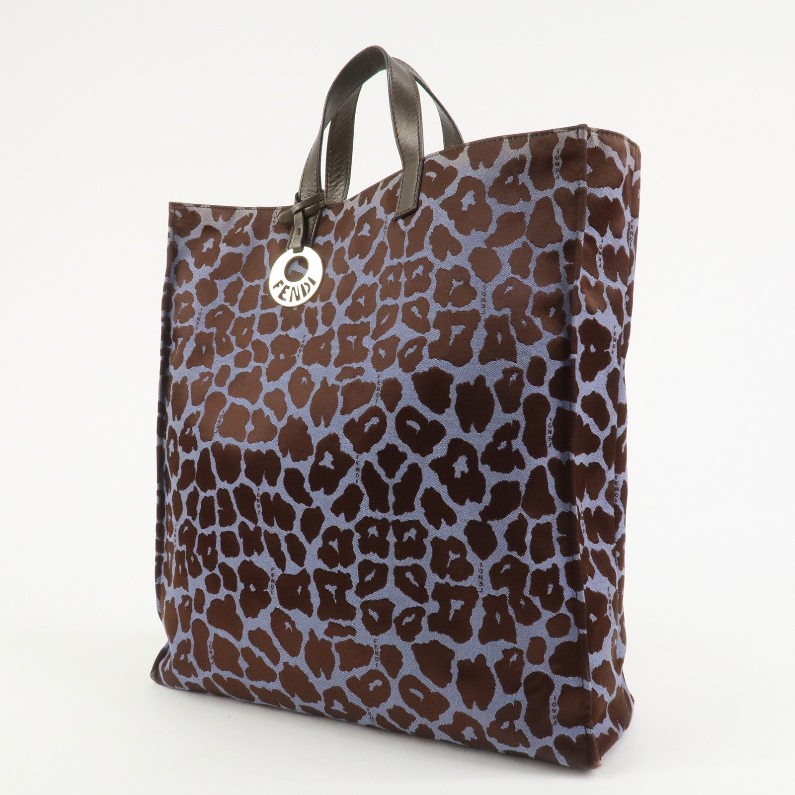 FENDI Leopard Canvas Satin Leather Tote Bag Hand Bag Blue 8BH173