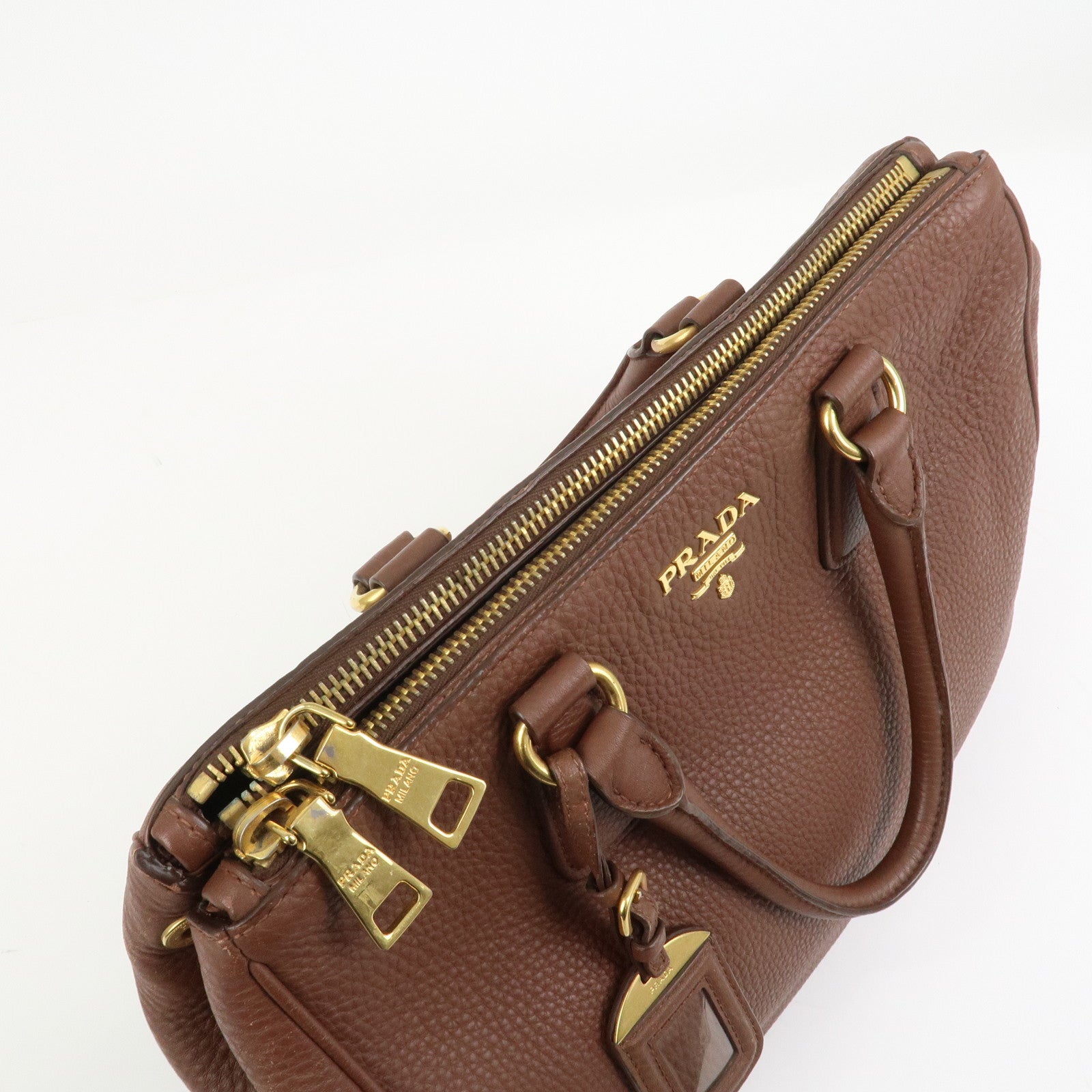 PRADA Logo Leather Hand Bag Tote Bag Brown