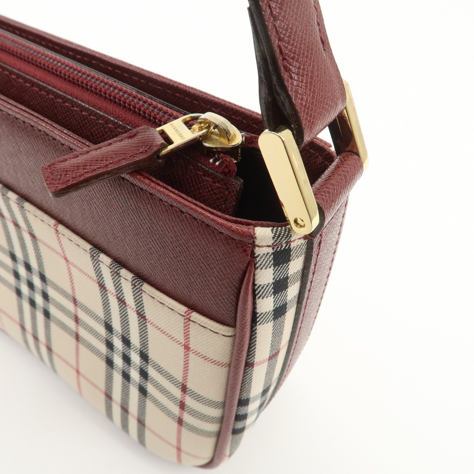 BURBERRY Leather Canvas Shoulder Bag Hand Bag Nova Plaid Bordeaux Used