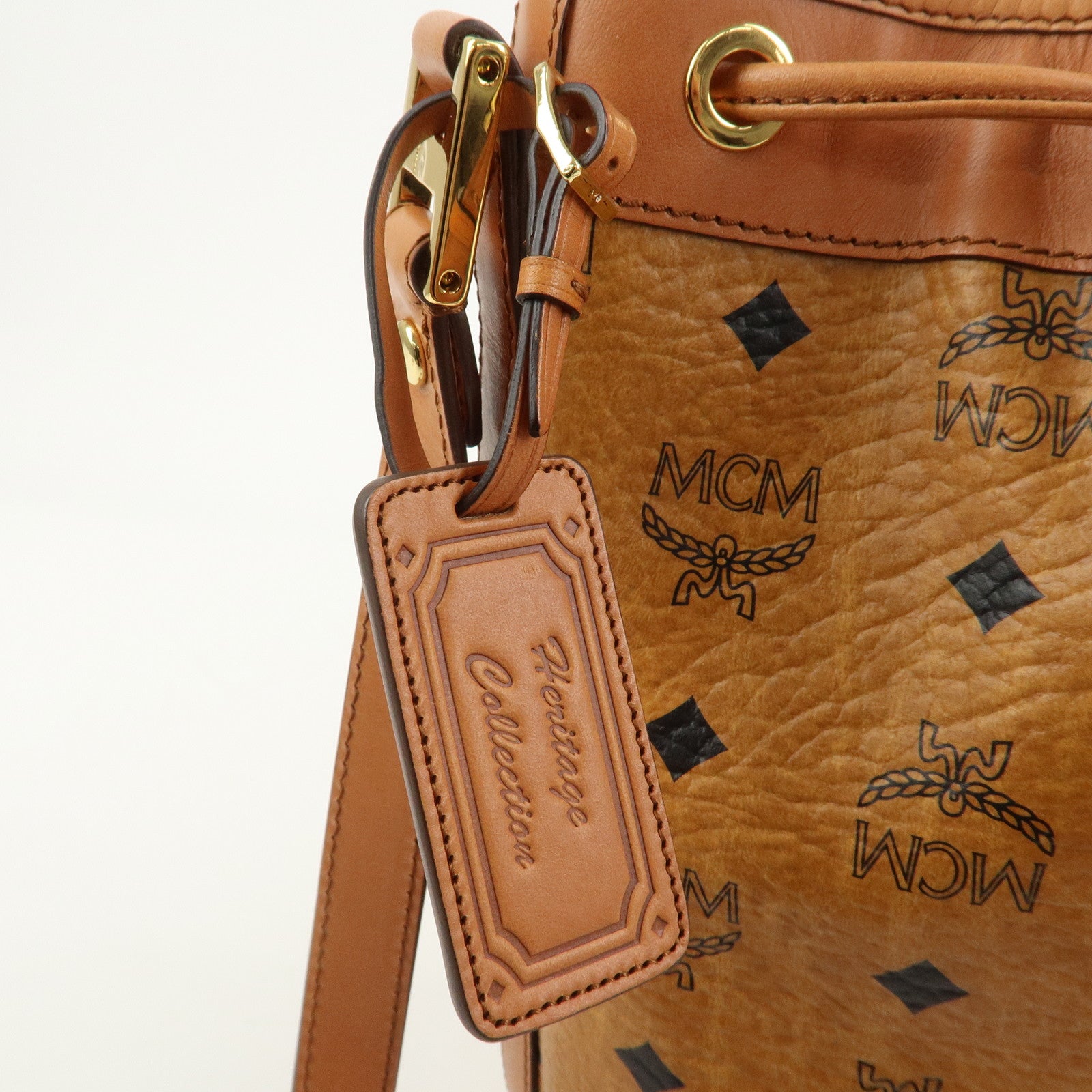 MCM Visetos Leather Bucket Bag Shoulder Bag Drawstring Brown