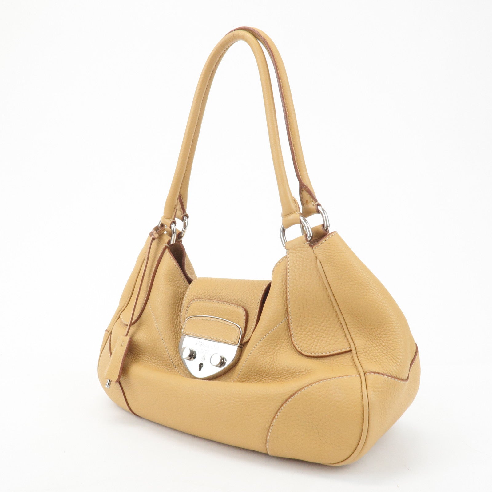 PRADA Leather Shoulder Bag Hand Bag Beige Silver HDW Used