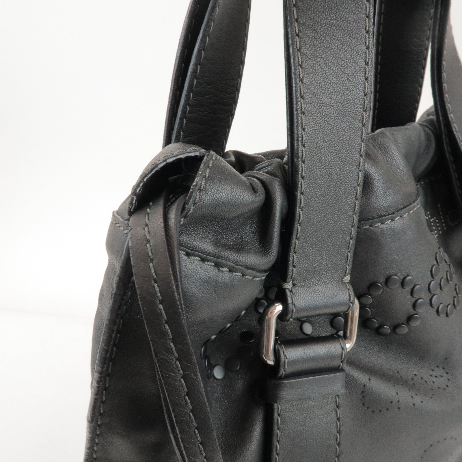 Chloe Leather Drawstring Tote Bag Shoulder Bag Hand Bag Black Studs