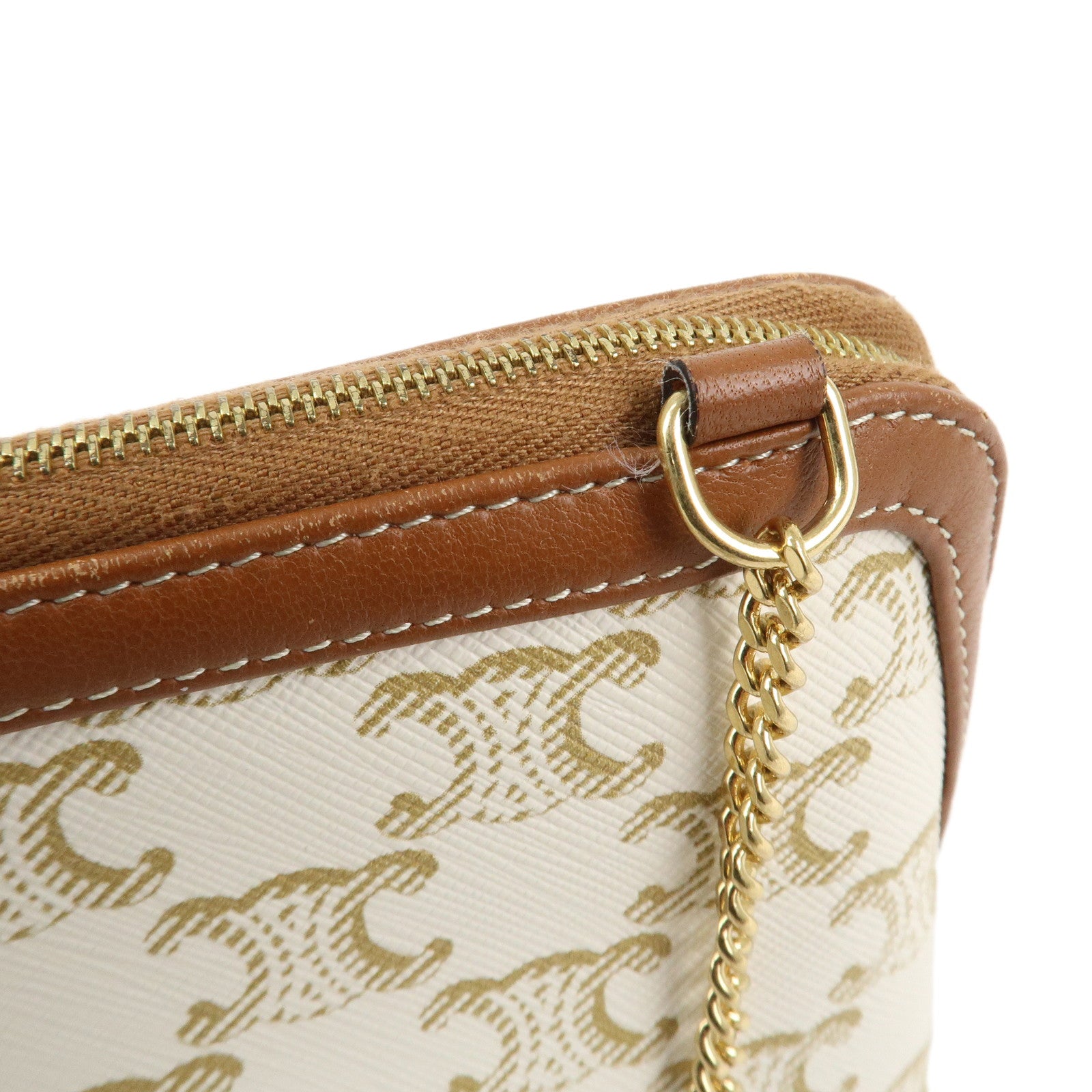 CELINE Triomphe Canvas Lamb Skin Chain Shoulder Bag Ivory Brown