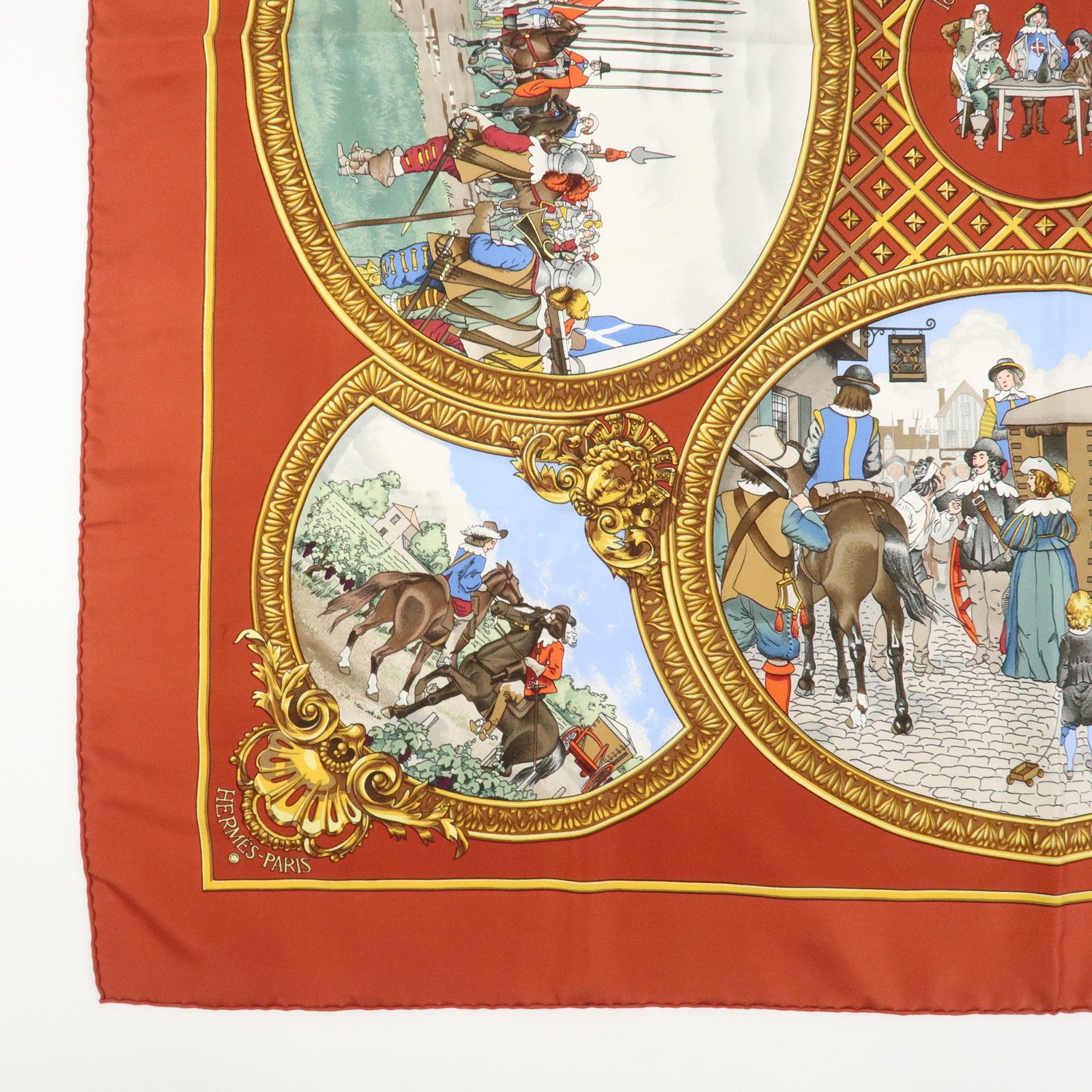 HERMES Carre 90 Silk 100% Scarf Les Trois Mousquetaires Red