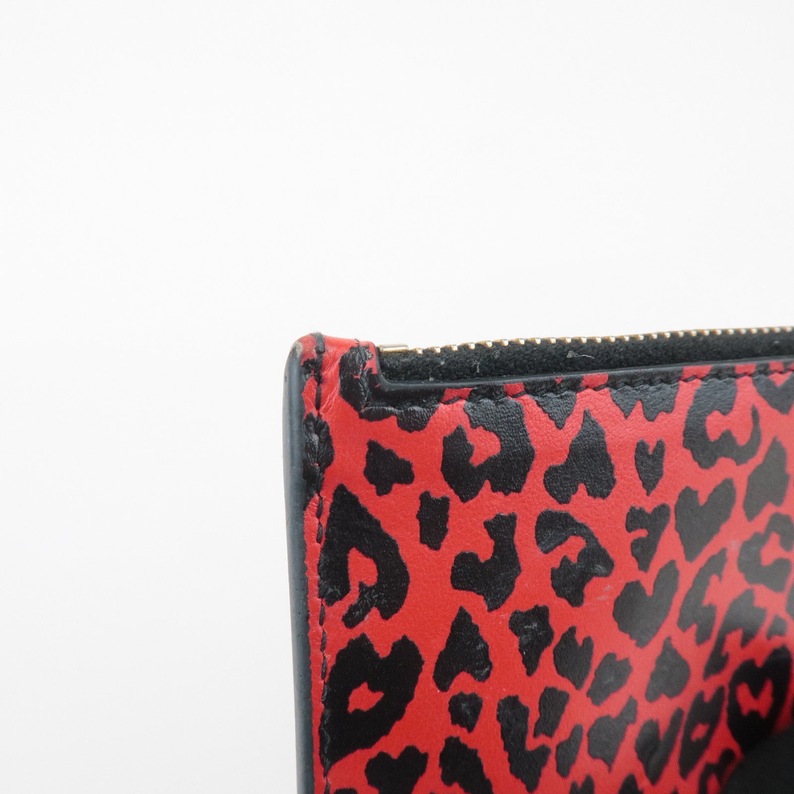 Saint Lauren Leather Animal Leopard Coin Case Card Case Black Red Used