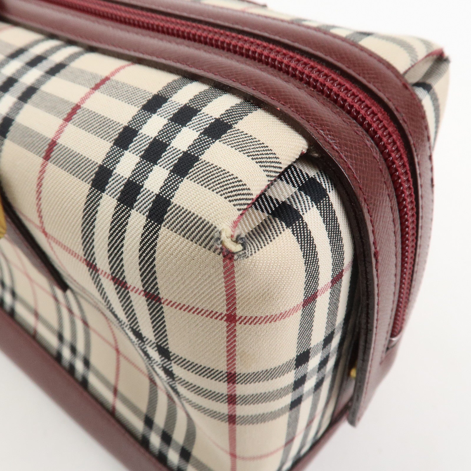BURBERRY Nova Plaid Canvas Leather Shoulder Hand Bag Beige Bordeaux
