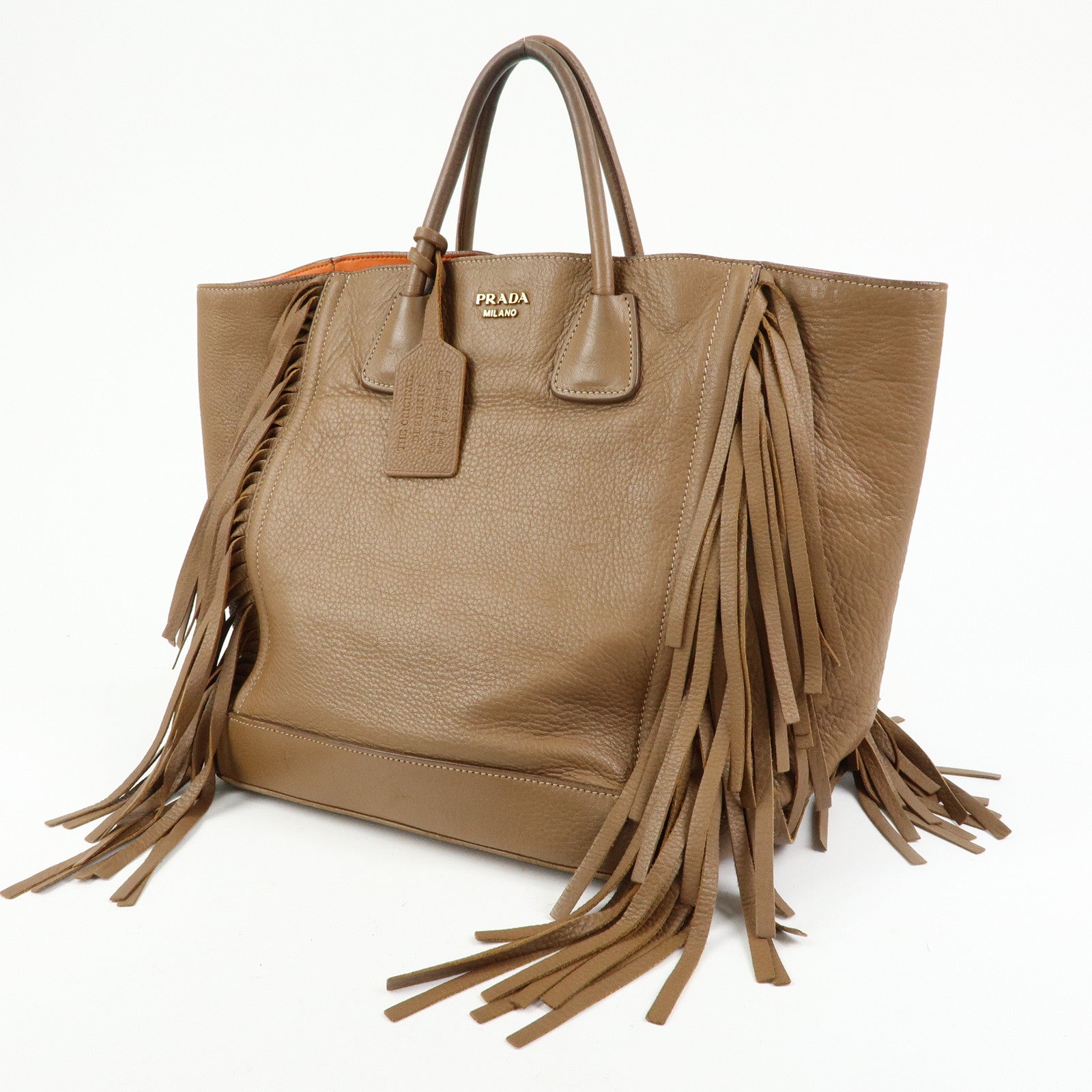PRADA Leather Fringe Tote Bag Hand Bag Camel Orange