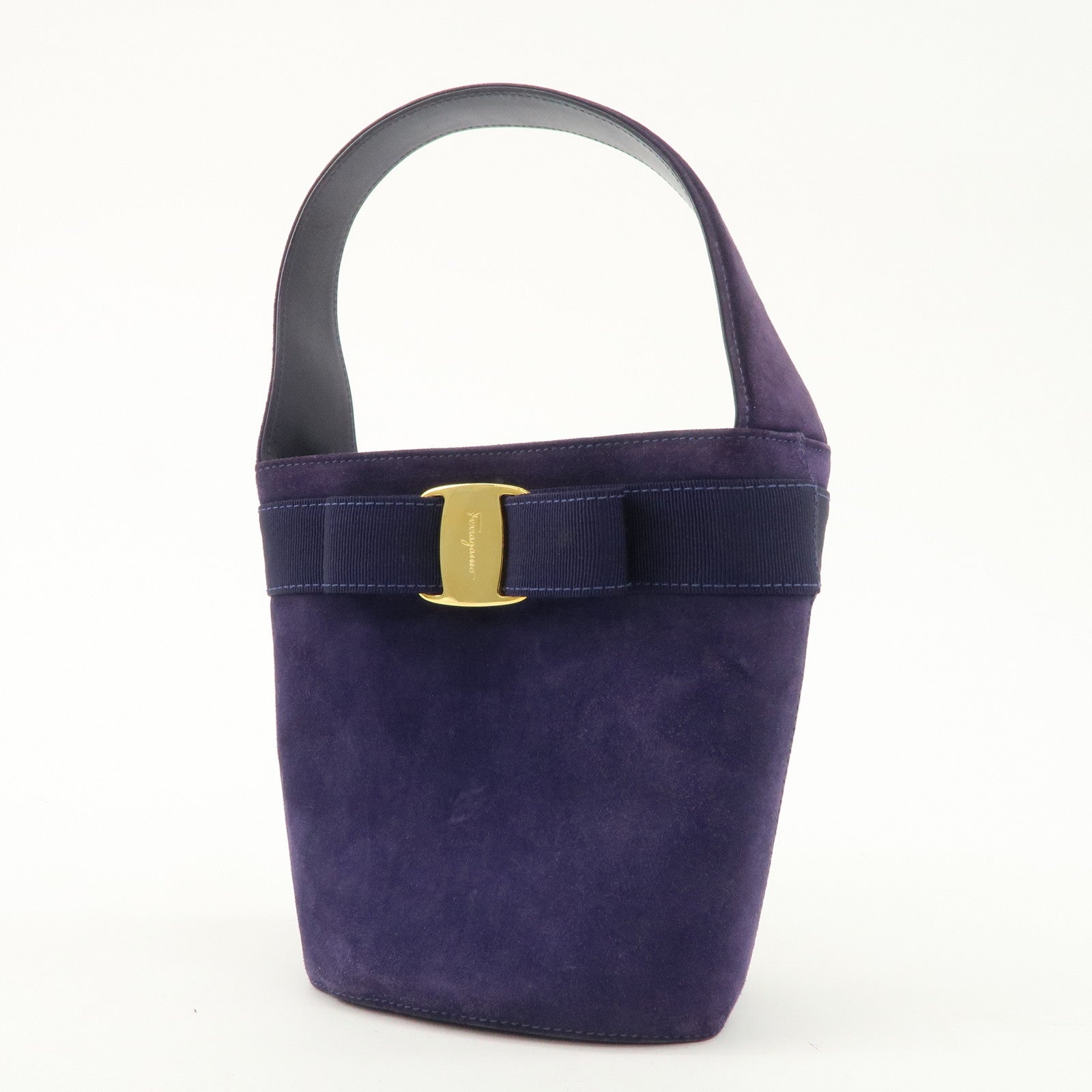 Ferragamo Vara Ribon Suede Hand Bag Purple Gold Hardware Used