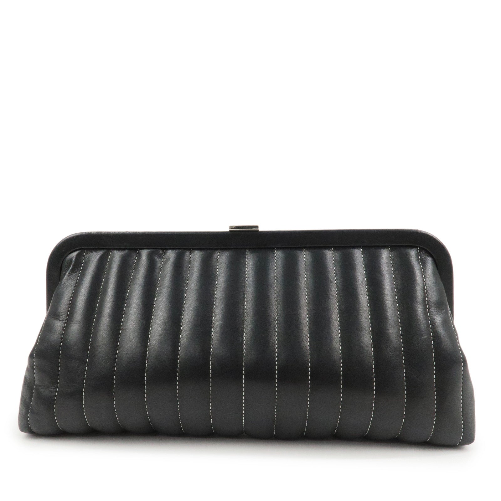 CHANEL Mademoiselle Line Lamb Skin Clutch Bag Hand Bag Black