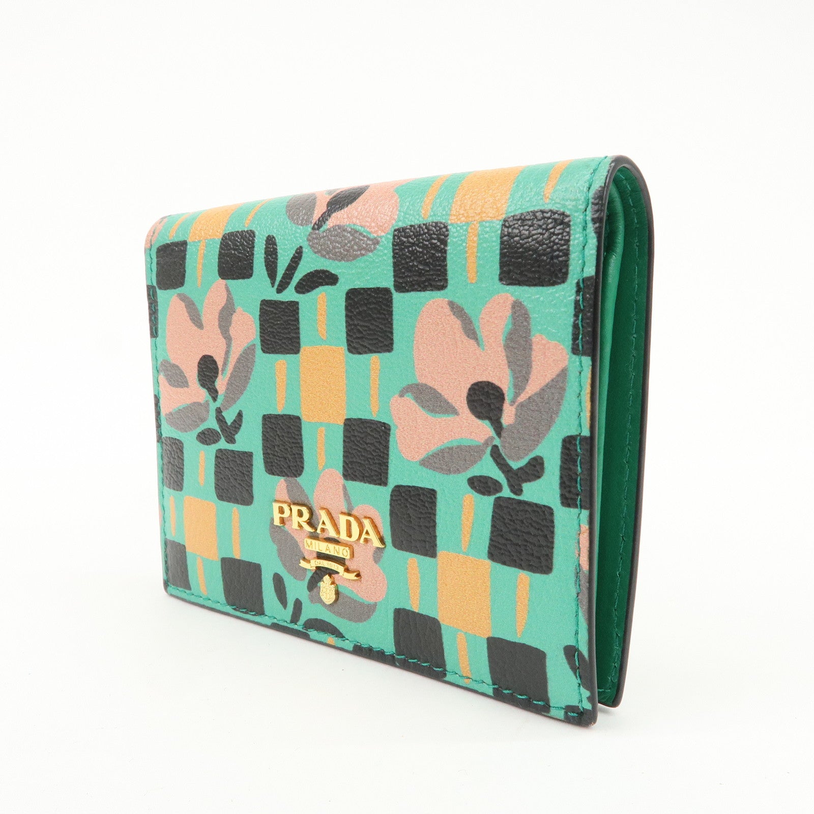 PRADA Leather Compact Wallet Floral Print Green Gold HDW 1MV204 Used