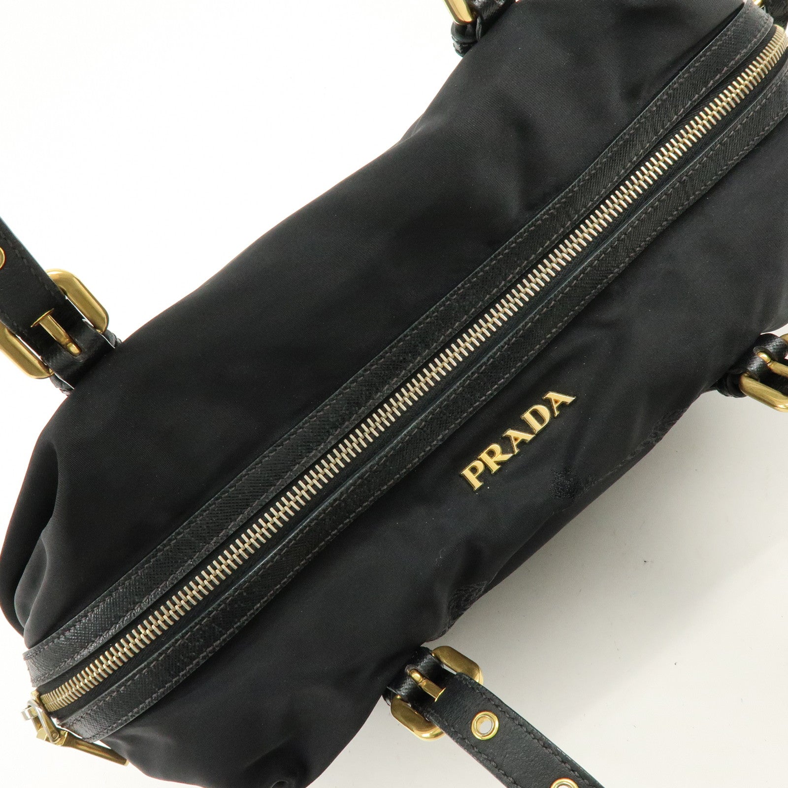 PRADA Logo Nylon Leather Boston Bag Shoulder Bag Black BL0600