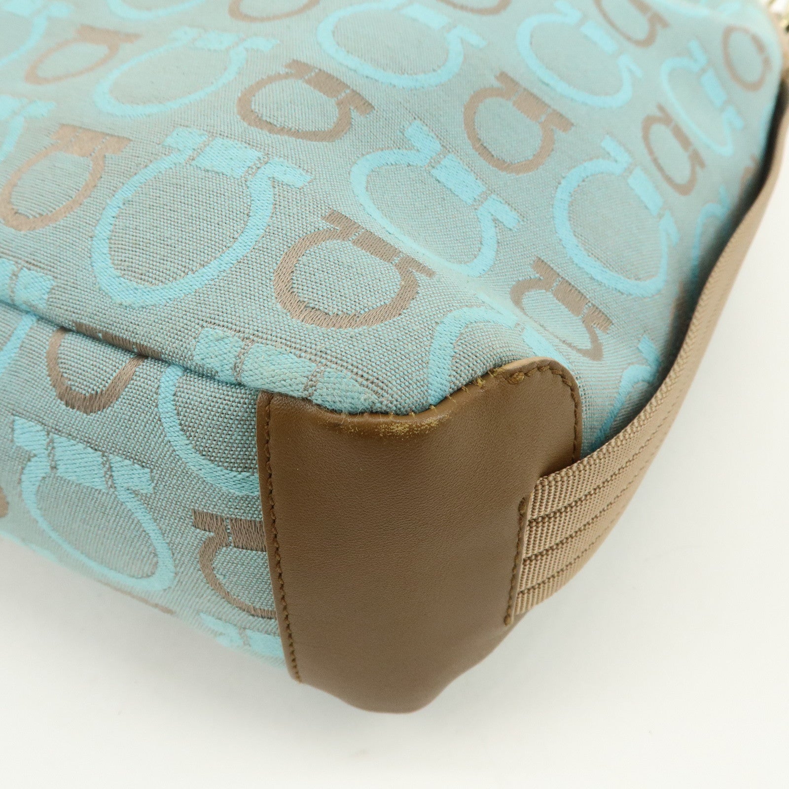 Ferragamo Gancini Canvas Leather Shoulder Bag Light Blue Brown