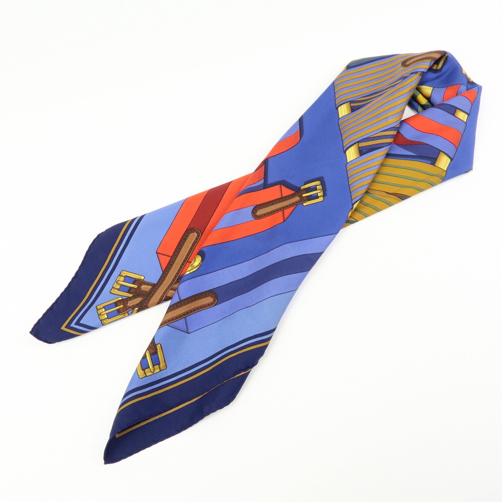 HERMES Carre 90 Silk 100% J.METZ Les Sangles Scarf Blue Green Red