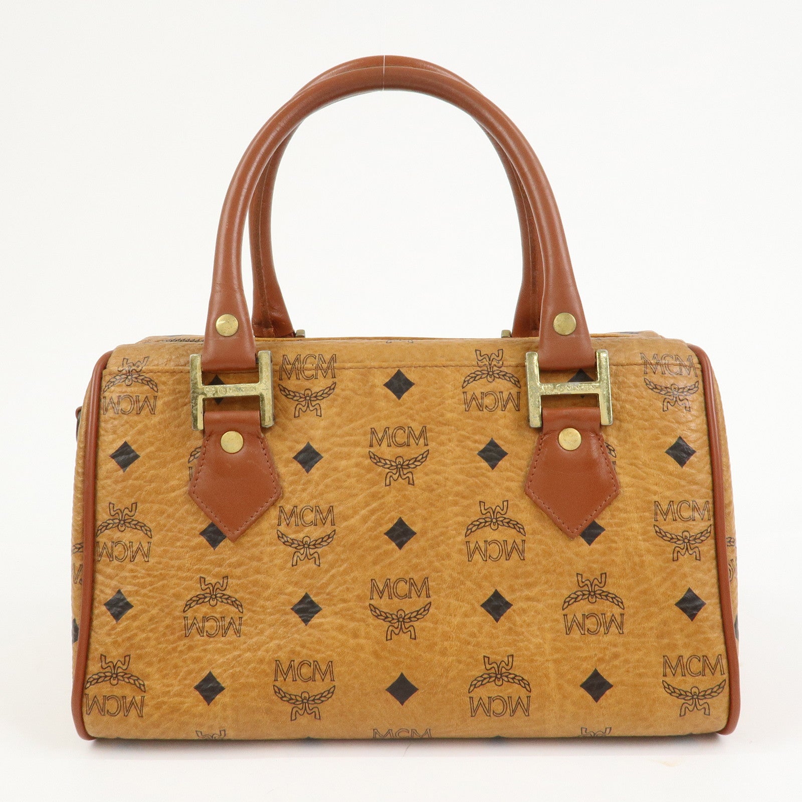 MCM Visetos Leather Boston Bag Hand Bag Brown