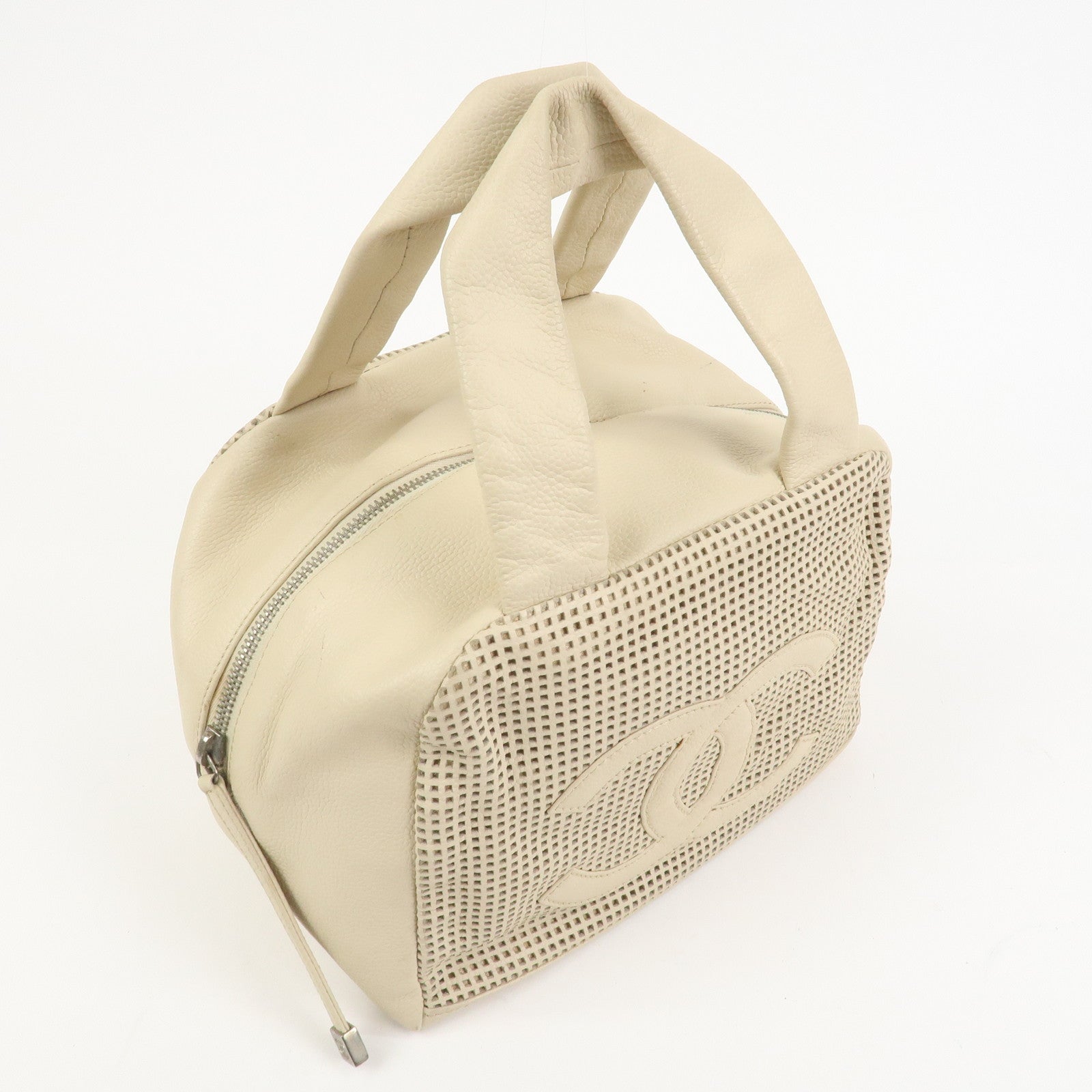 CHANEL Punching COCO Mark Caviarskin Hand Bag Beige