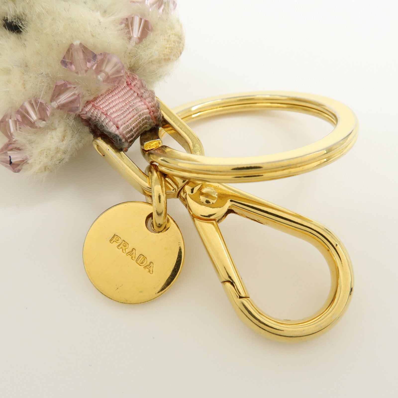 PRADA Triangle Logo Bear Mohair Bag Charm Key Holder Beige Pink