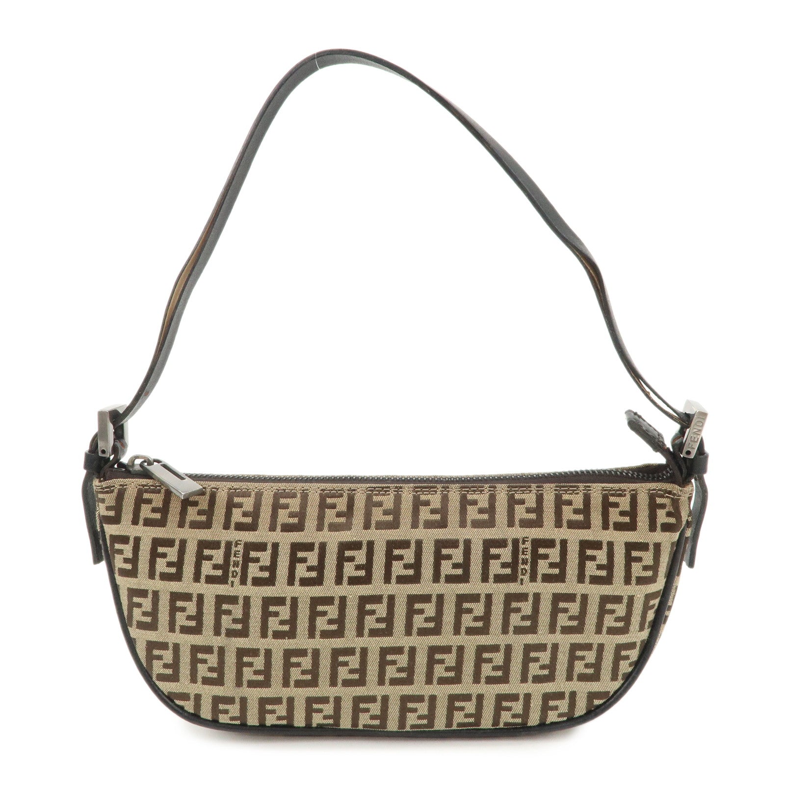 FENDI Zucchino Canvas Leather Shoulder Bag Brown Beige 8BR133 Used