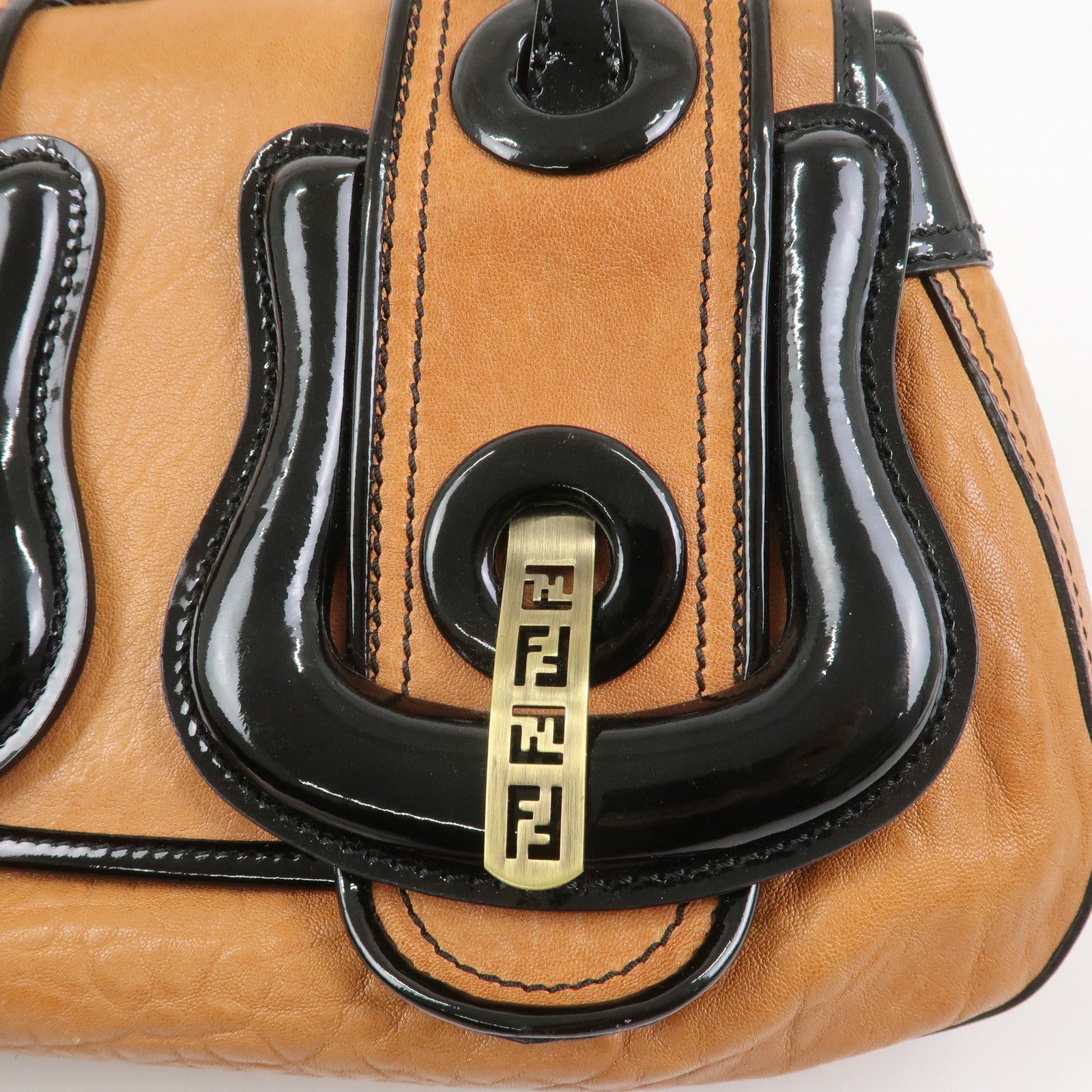 FENDI Patent Leather Shoulder Bag Hand Bag Brown Black 8BN165