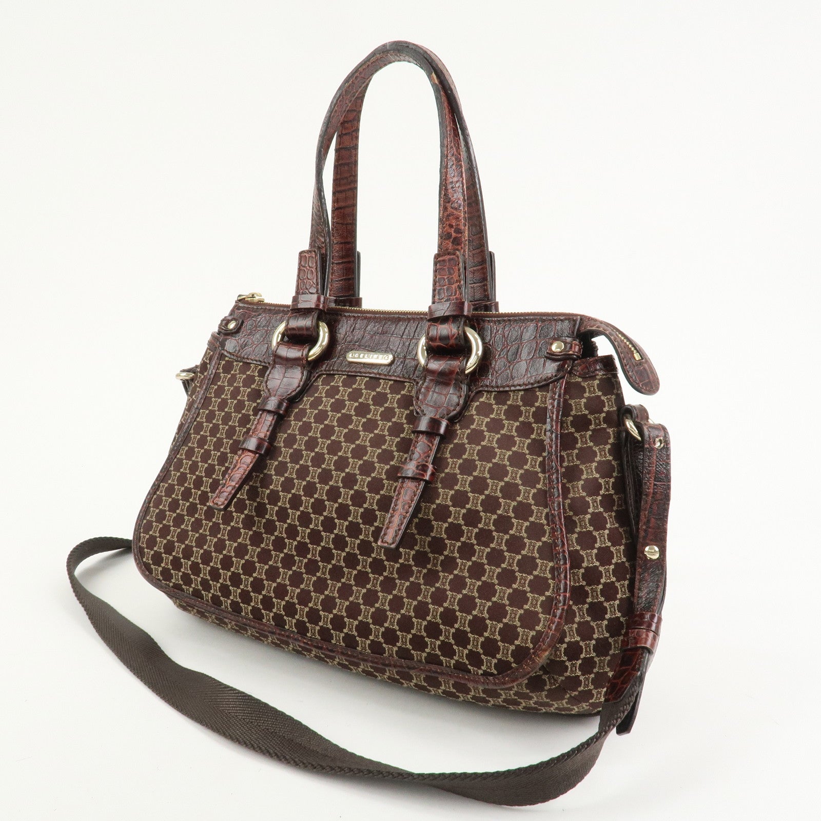 CELINE Macadam Canvas Emboss Leather 2 Way Bag Hand Bag Brown