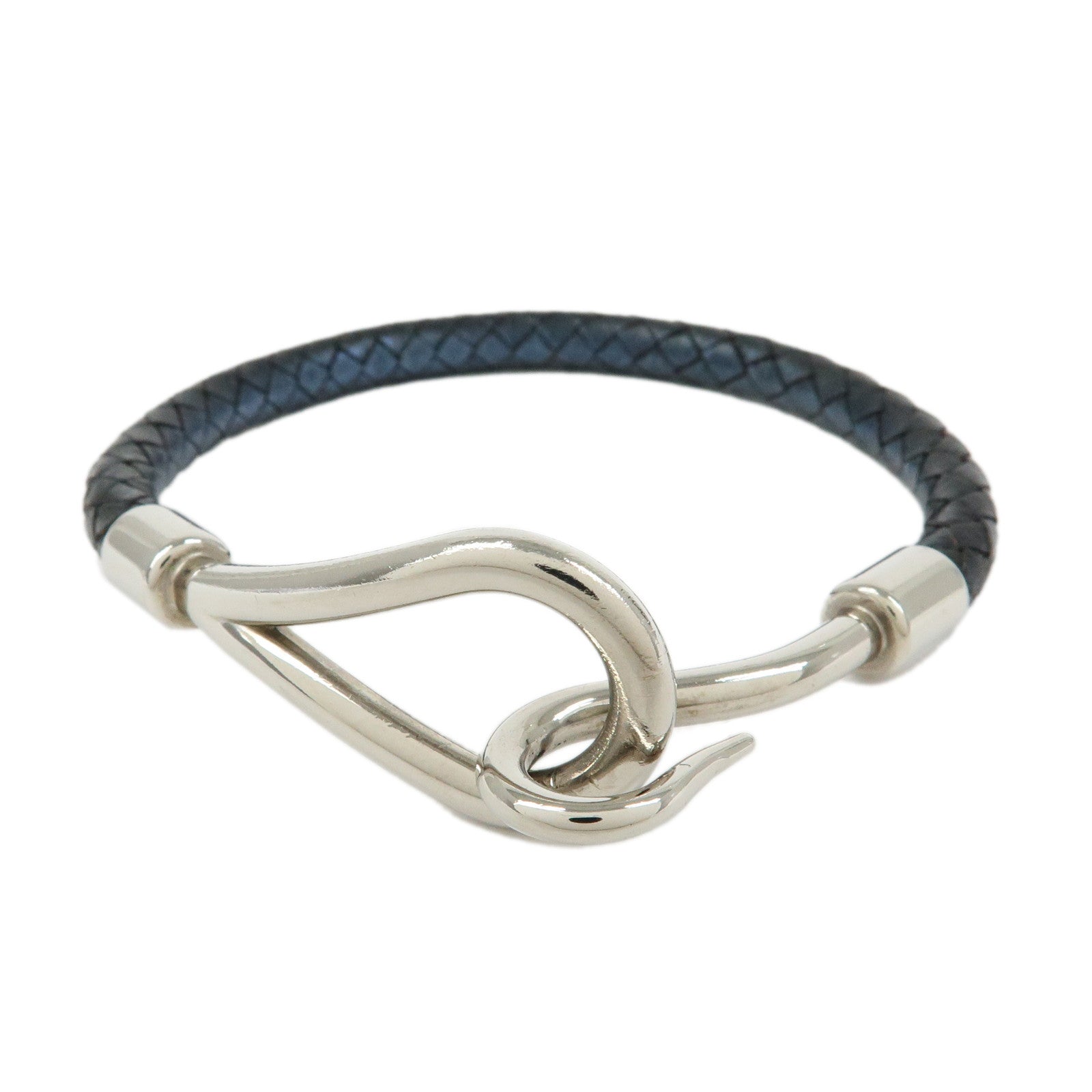 HERMES Leather Metal Jumbo Choker Bracelet Black Silver