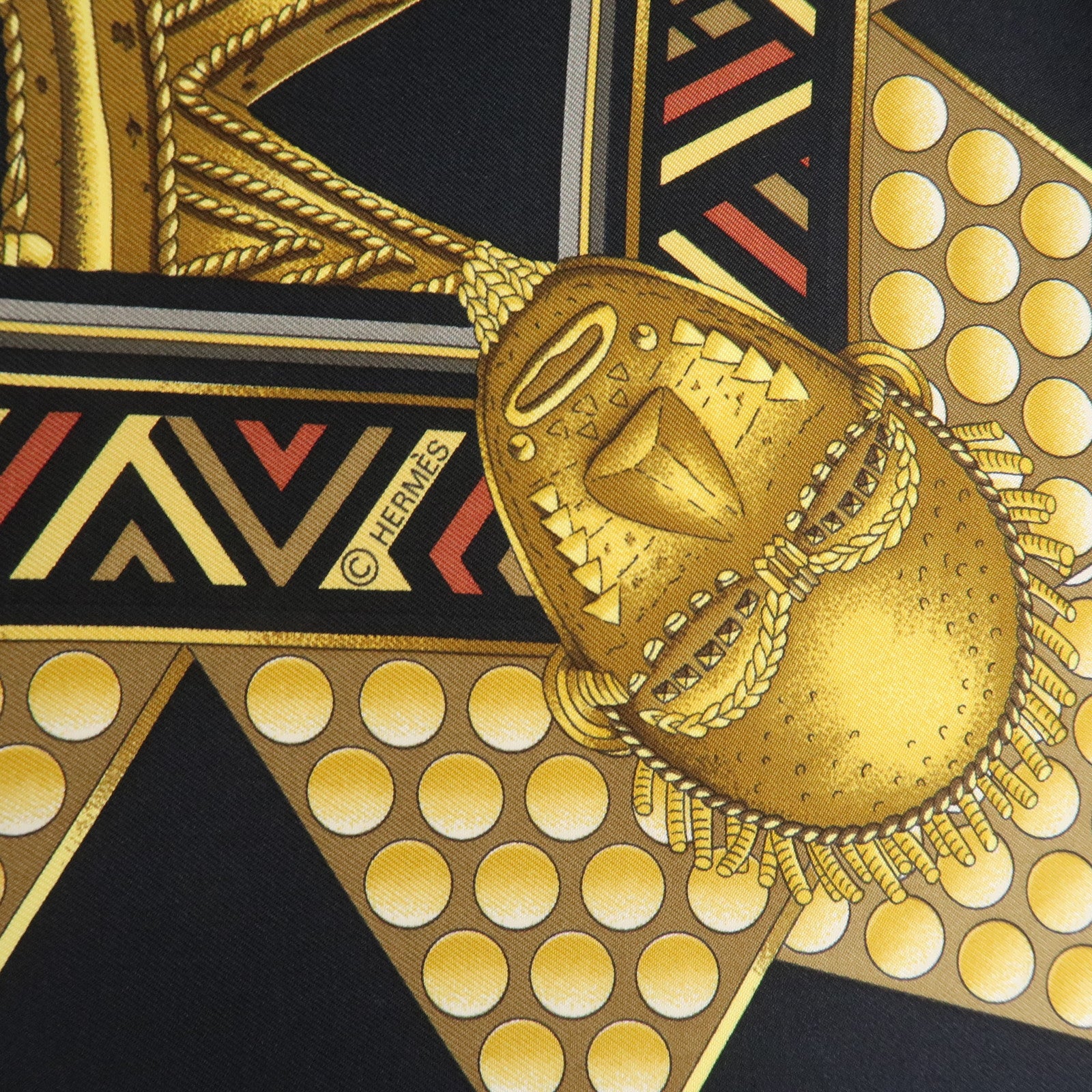 HERMES Carre 90 Silk 100% Scarf L'OR DES CHEFS Gold Black Used