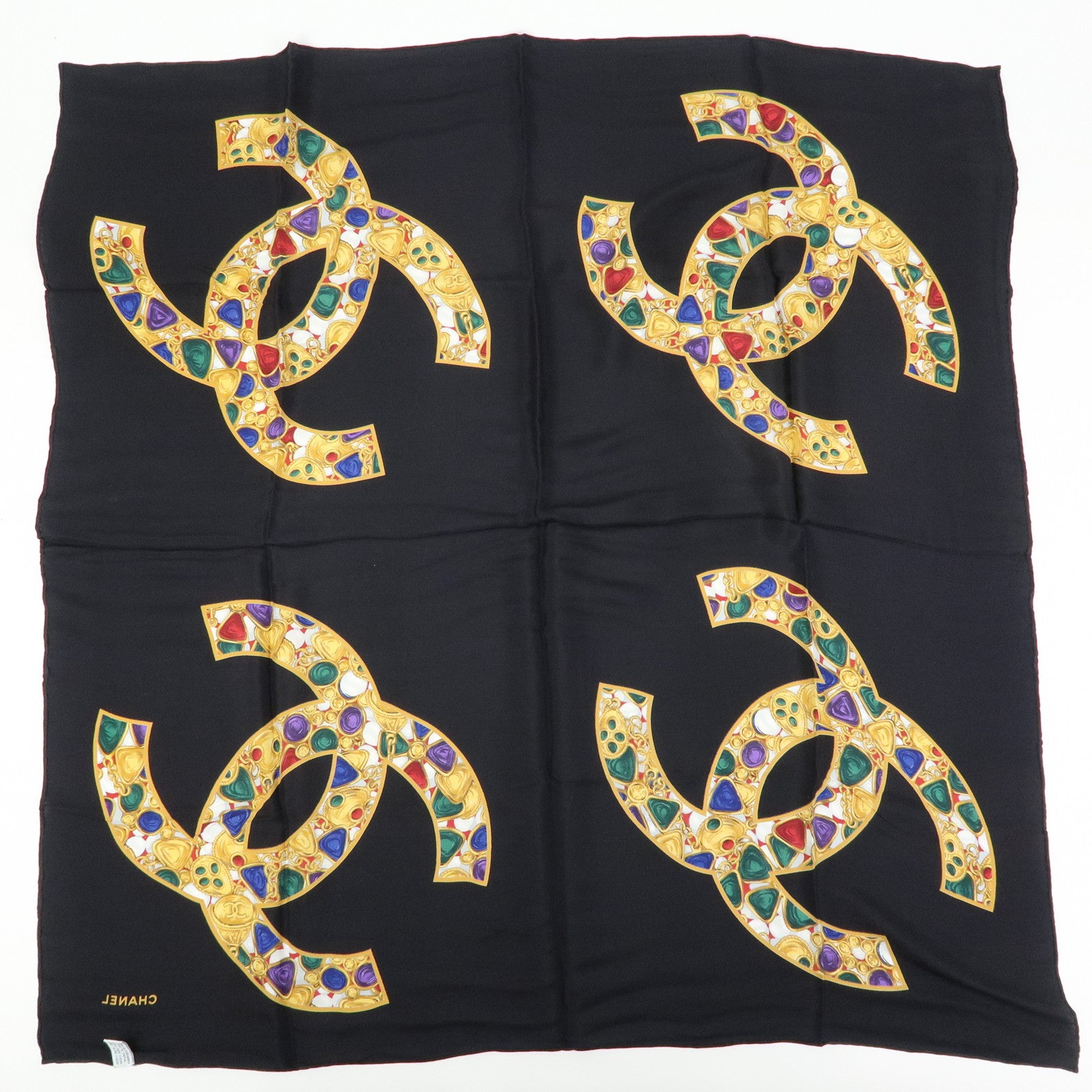 CHANEL COCO Mark Jewelry Silk 100% Scarf Black Yellow Multicolor
