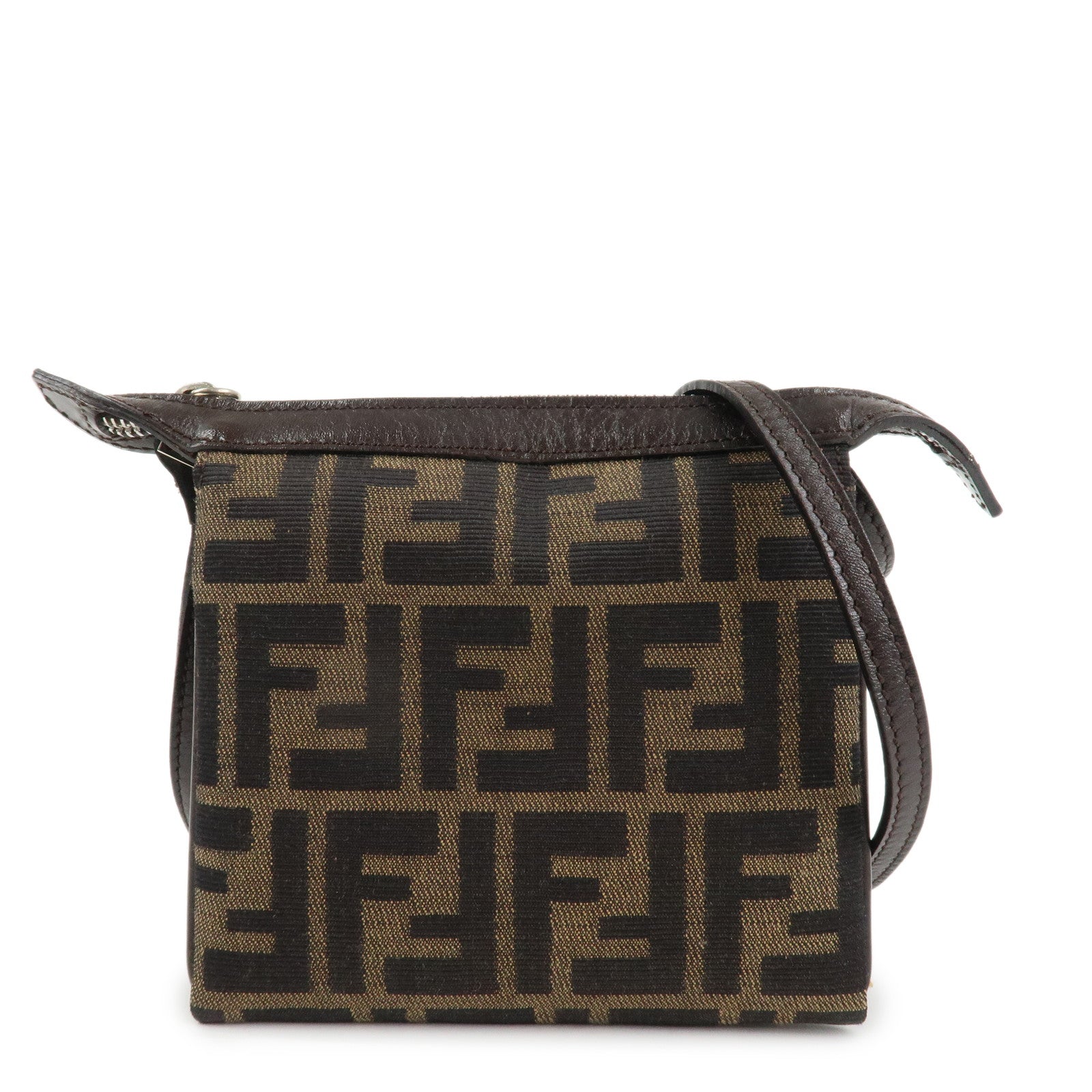 FENDI Zucca Canvas Leather Shoulder Bag Black Brown Silver HDW Used