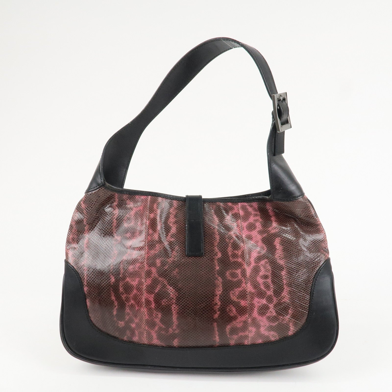 GUCCI Jackie Leather Python Shoulder Bag Black Pink 001.3306.3444 Used