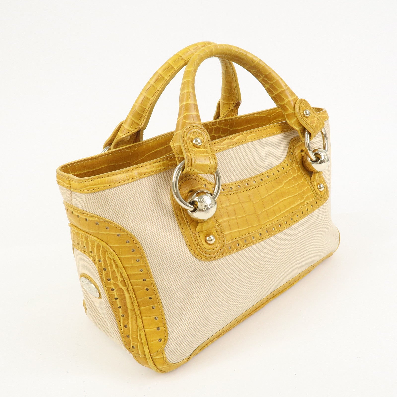 CELINE Boogie Bag Canvas Embossed Leather Hand Bag Natural Yellow