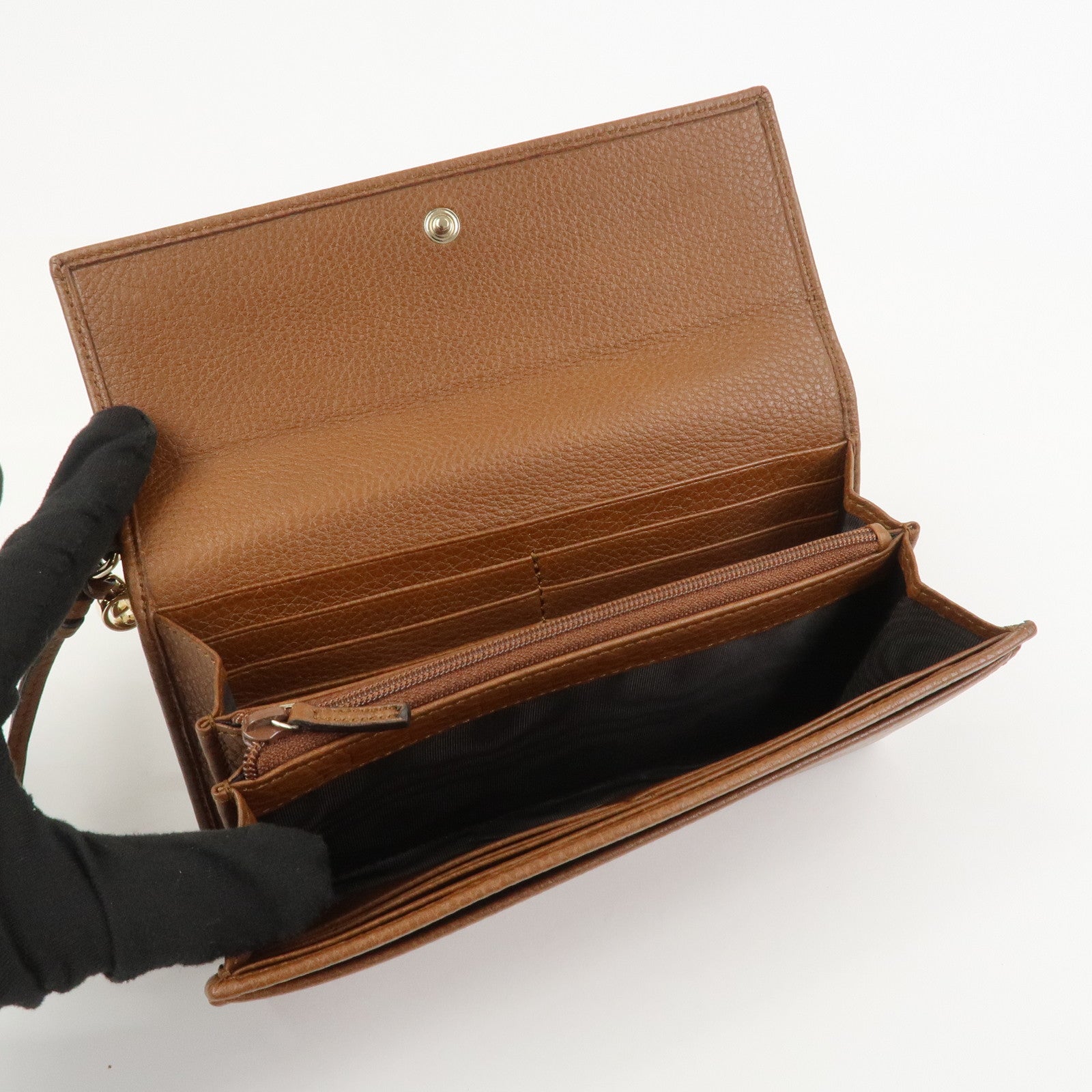 GUCCI Logo Leather Flap Long Wallet Brown 323396