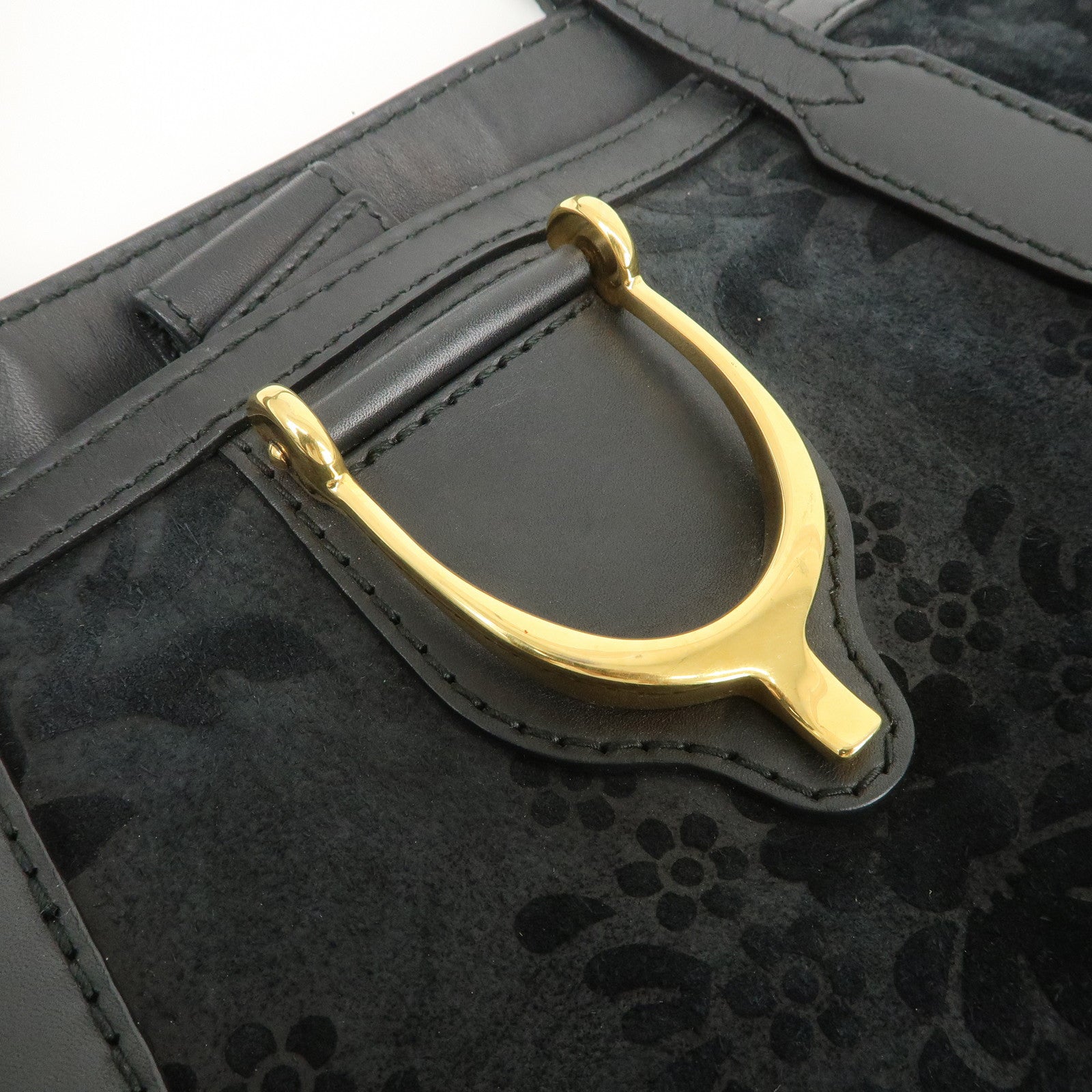 GUCCI Horsebit Logo Suede Leather Tote Bag Hand Bag Black 305585