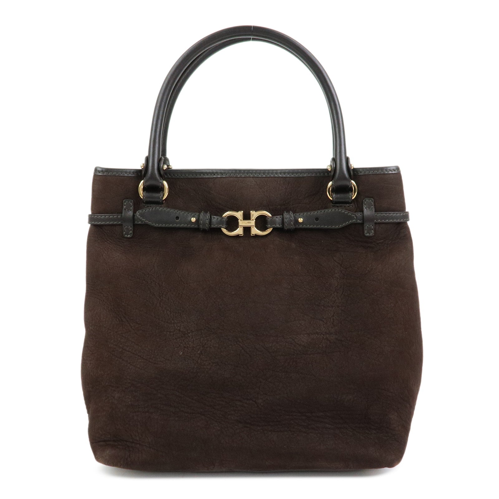 Ferragamo Gancini Suede Leather Tote Bag Hand Bag Brown