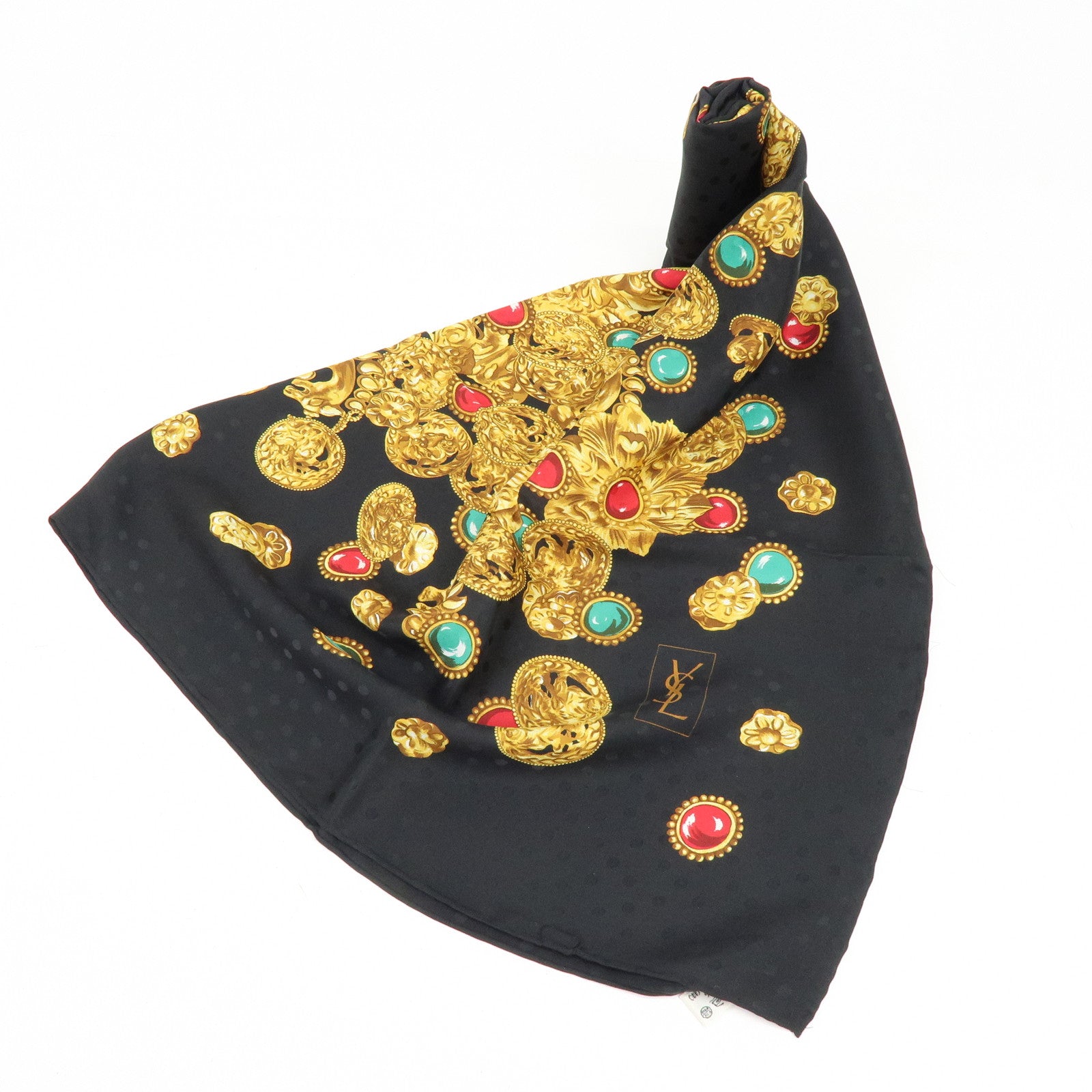 SAINT LAURENT PARIS Silk 100% Scarf Jewelry Poka Dots Black Yellow