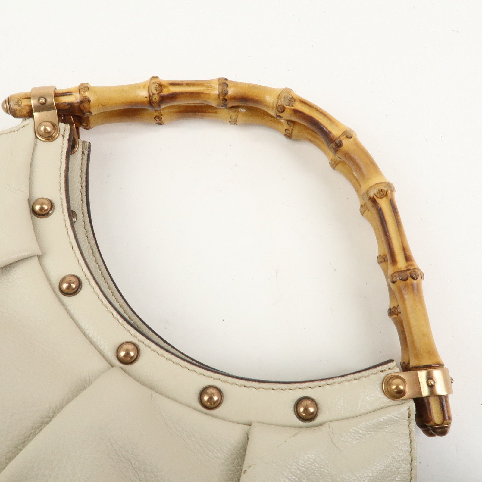 GUCCI Bamboo Leather Studs Shoulder Bag Hand Bag Ivory 124297