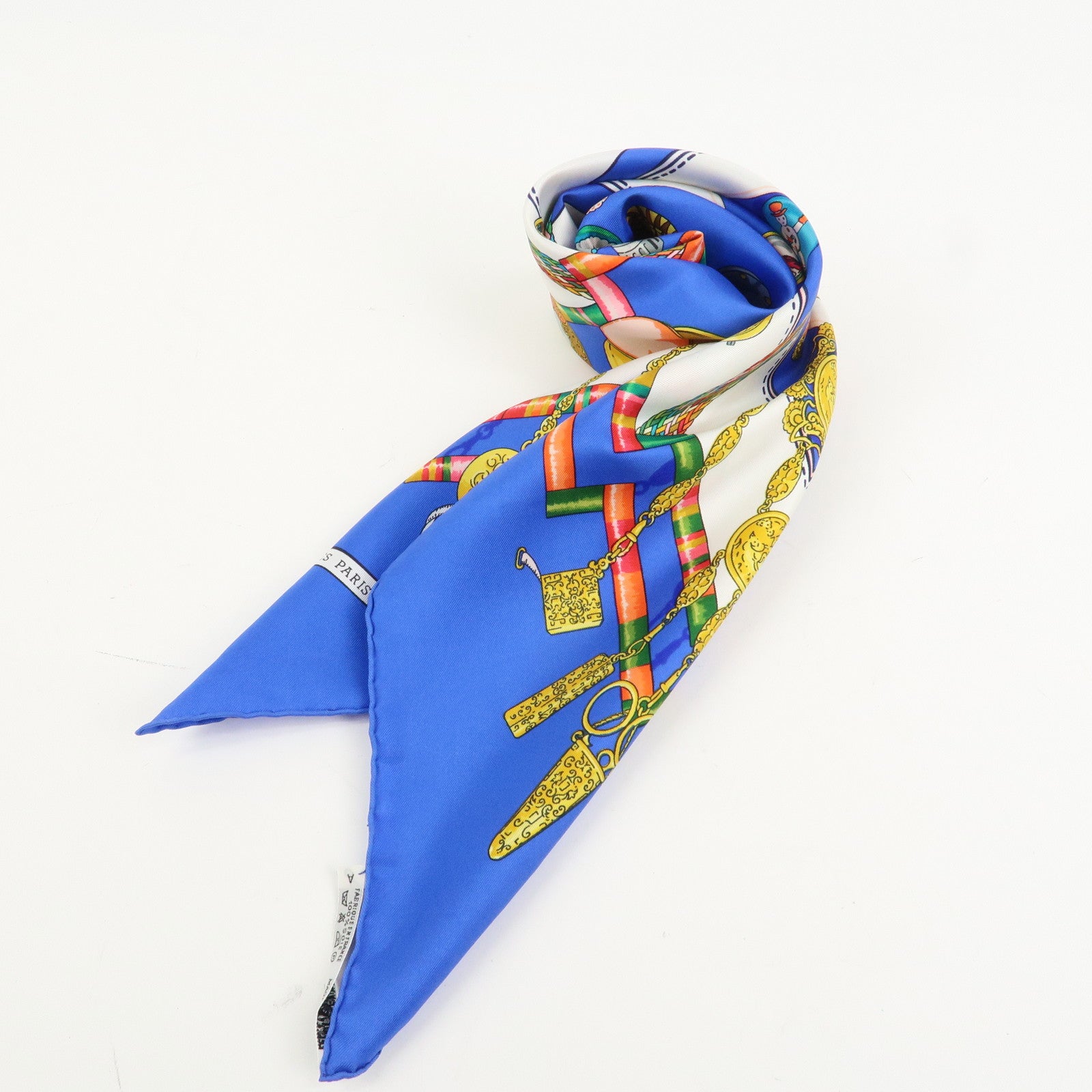 HERMES Carre 90 Silk 100% Scarf Petite main Blue White