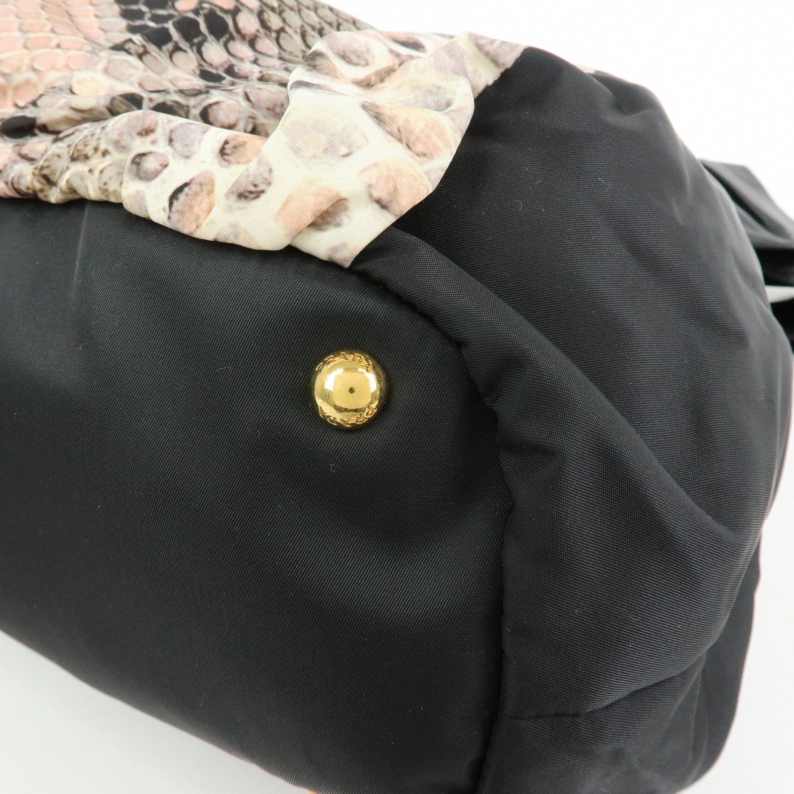 Prada Nylon Leather Ribbon Python Print Tote Bag Black Pink BR4206