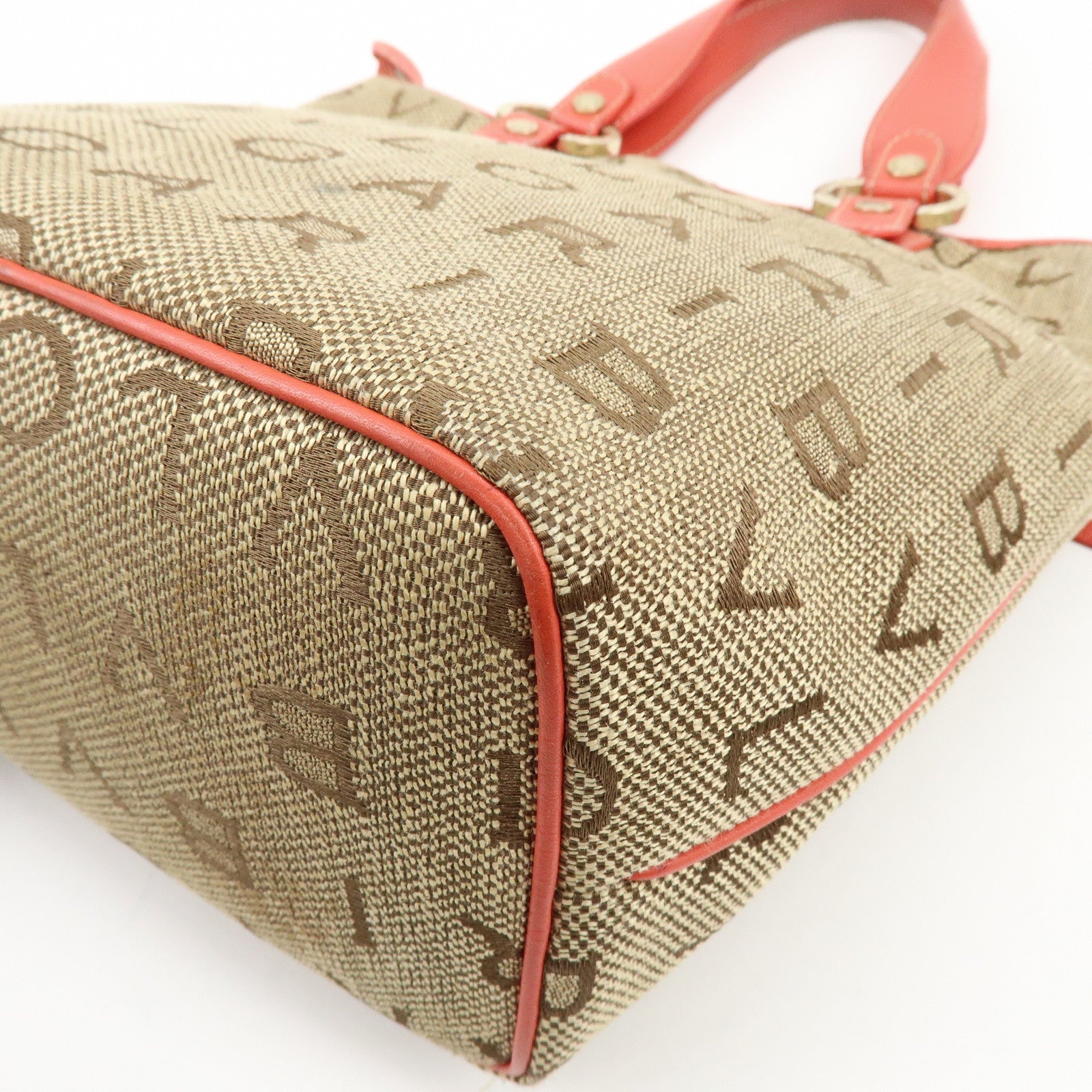 BVLGARI Logo Mania Jacquard Leather Tote Bag Hand Bag Beige Red