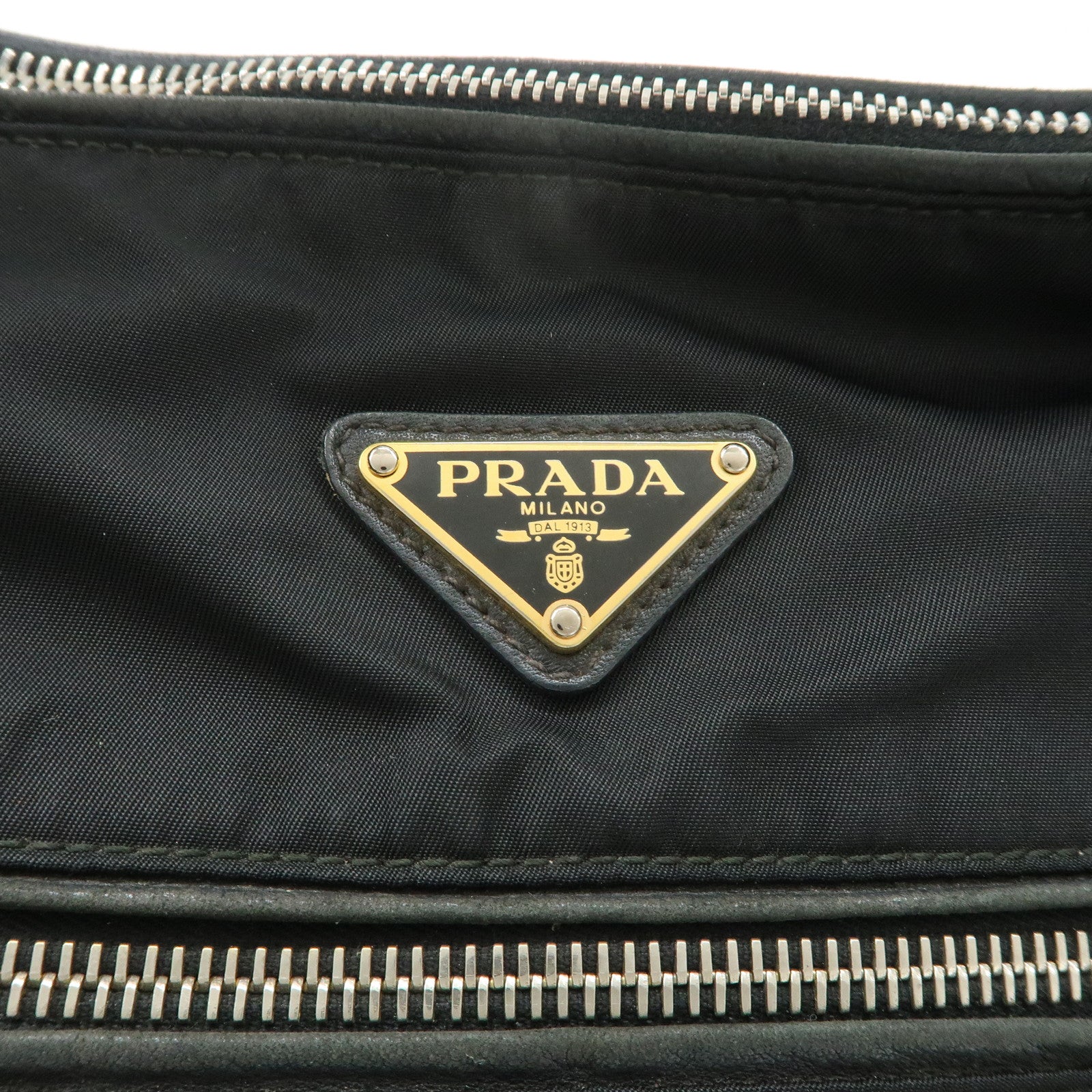 PRADA Triangle Logo Leather Nylon Shoulder Bag Black