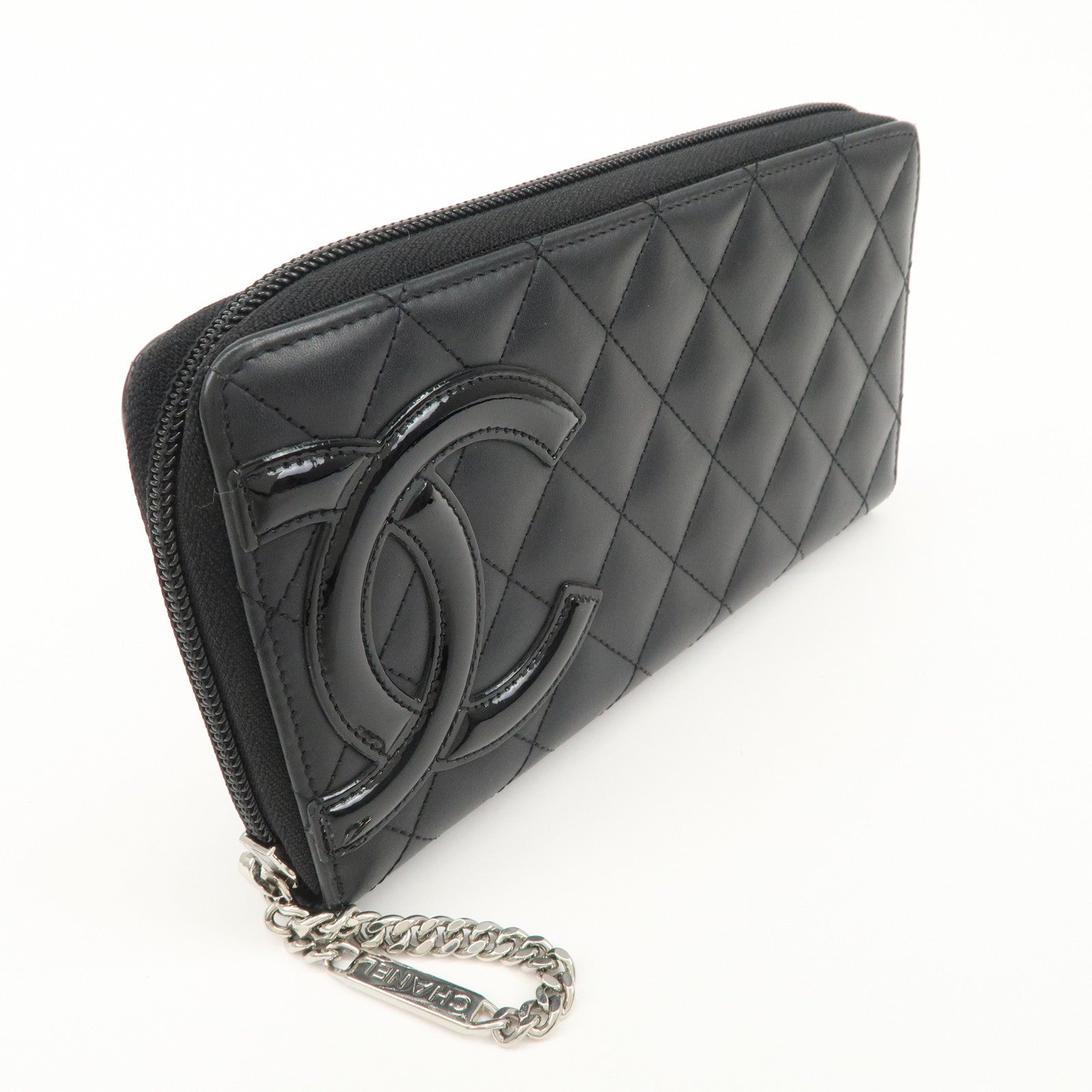 CHANEL Cambon Line Lamb Skin Round Zippy Long Wallet Black A50078 Used