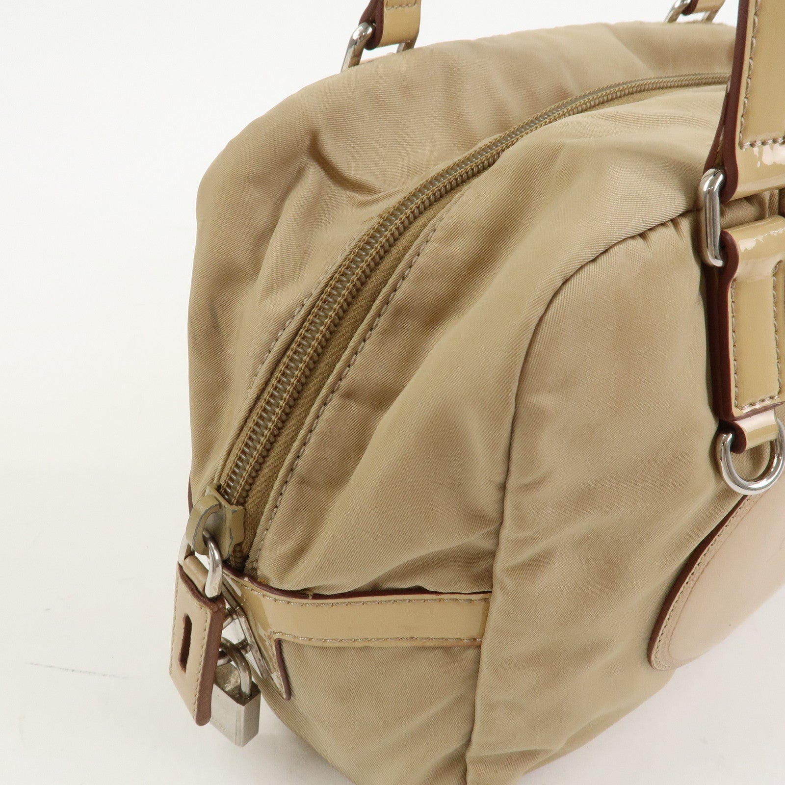 PRADA Logo Nylon Patent Leather Mini Boston Bag Beige BR3150