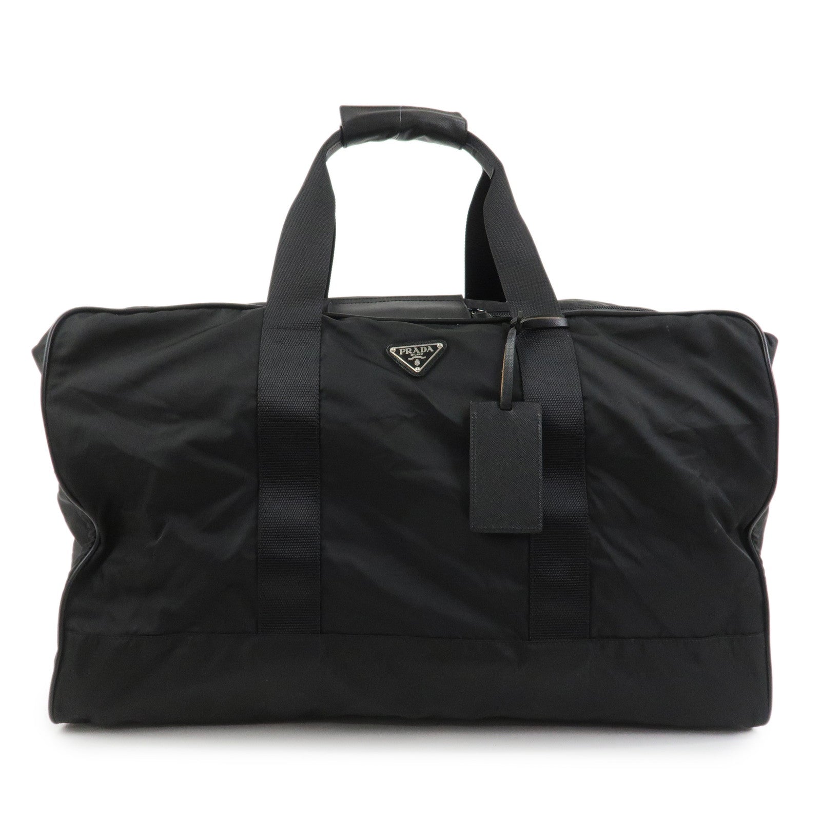PRADA Triangle Logo Nylon Saffiano Leather Boston Bag Hand Bag