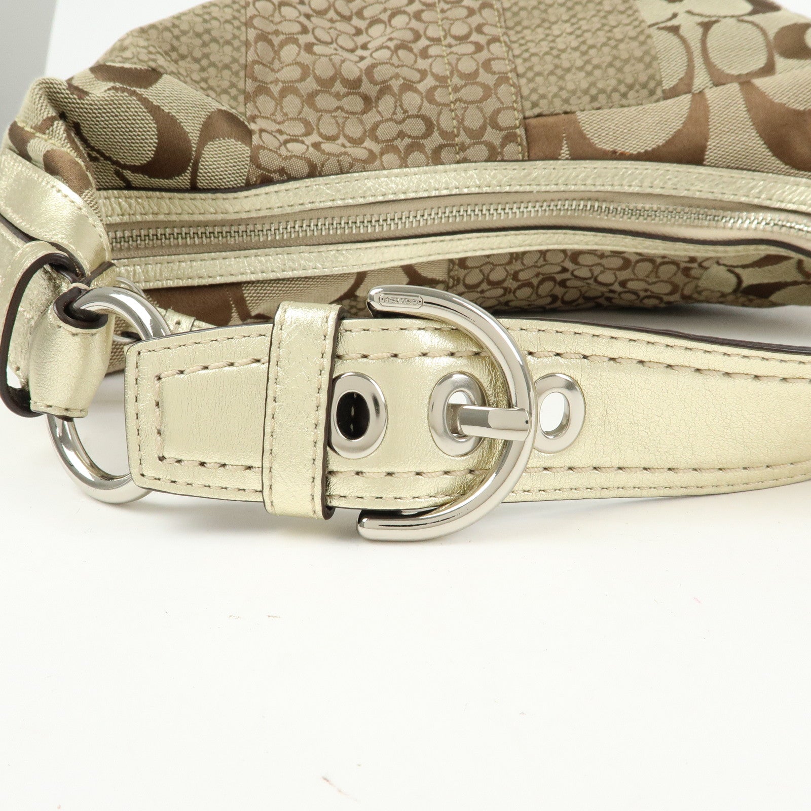 COACH Signature Patchwork Canvas Leather Shoulder Bag Beige Gold