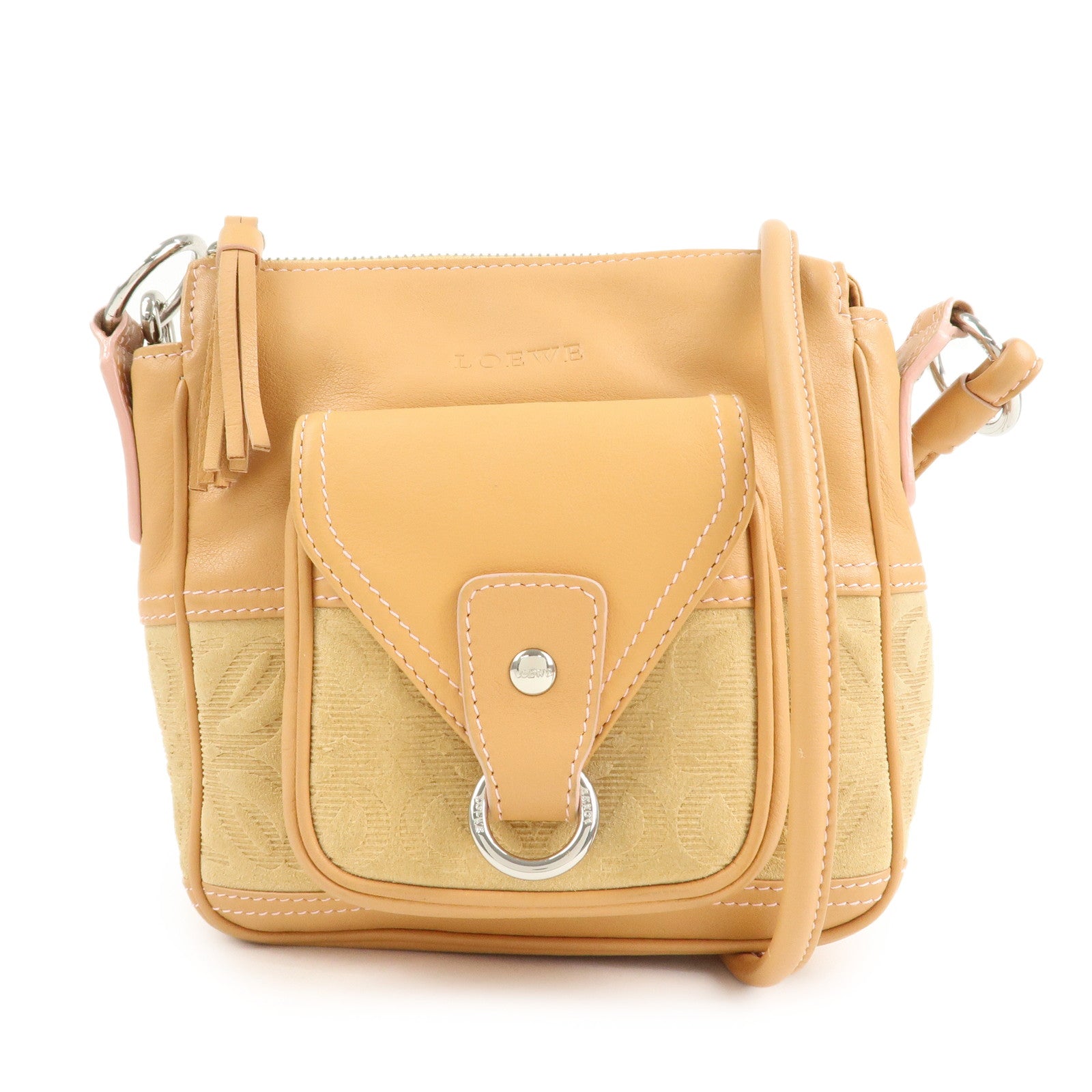 LOEWE Anagram Leather Suede Shoulder Bag Biege Silver HDW Used