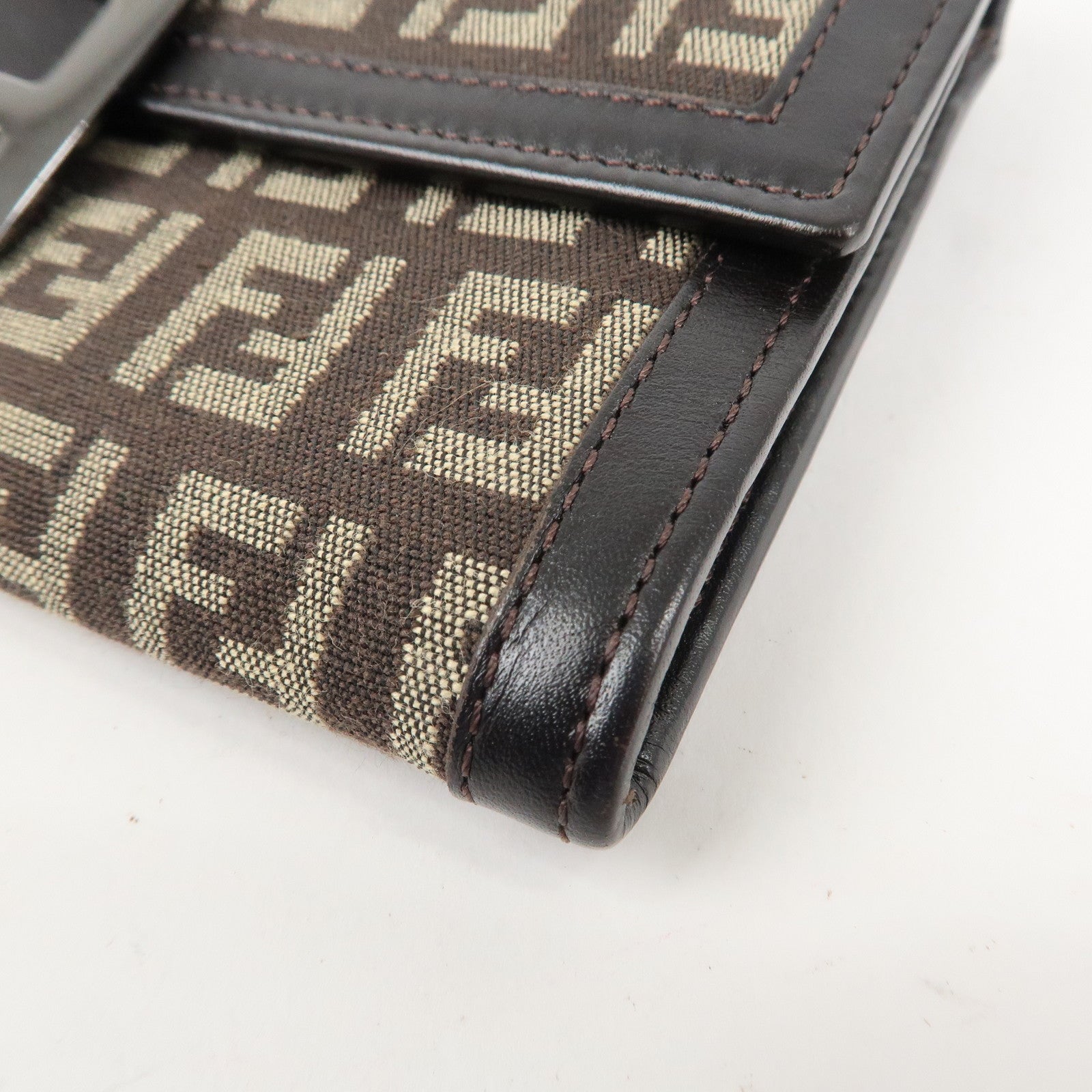 FENDI Zucchino Canvas Leather Bi-Fold Long Wallet Dark Brown 8M0021 Used
